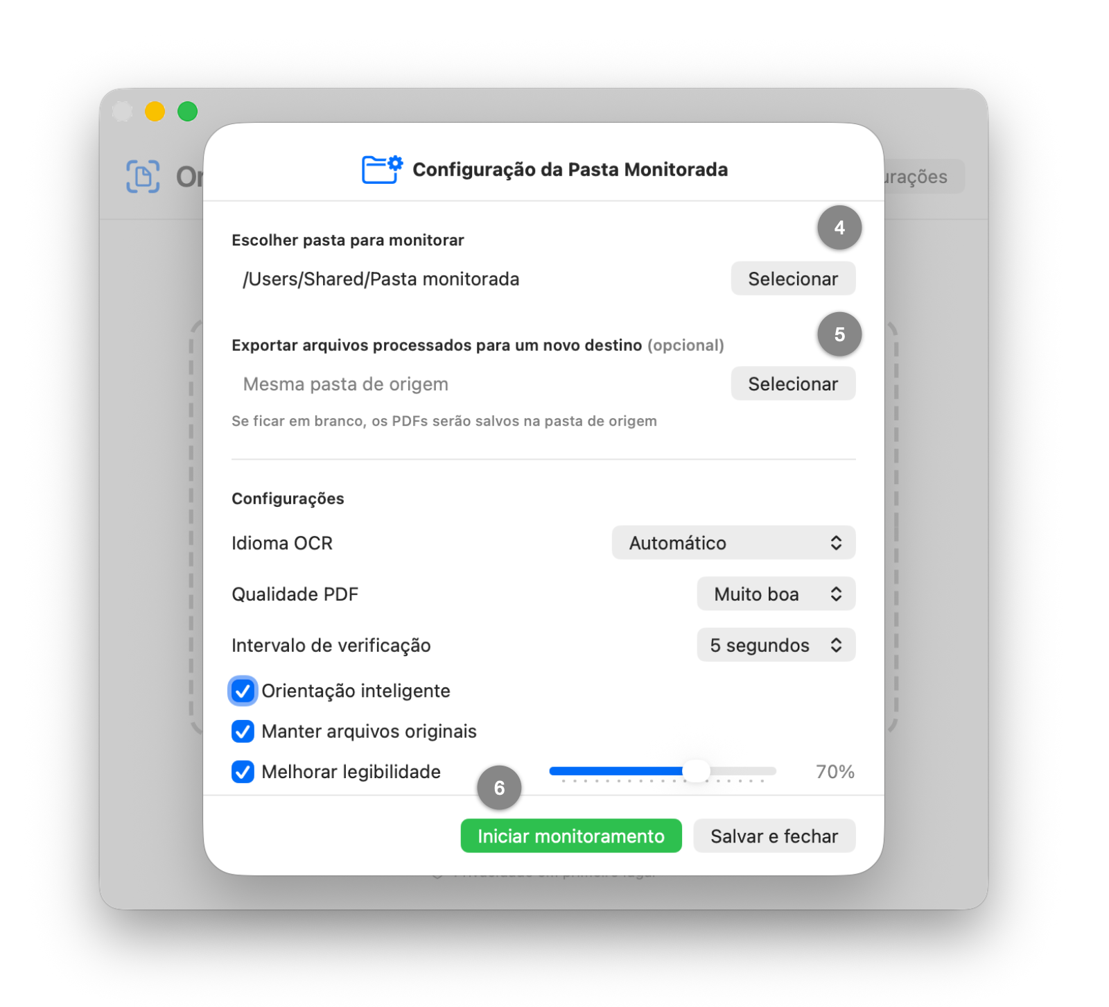 Janela “Configuração da Pasta Monitorada” com seleção de pasta, configurações e o botão “Iniciar monitoramento”