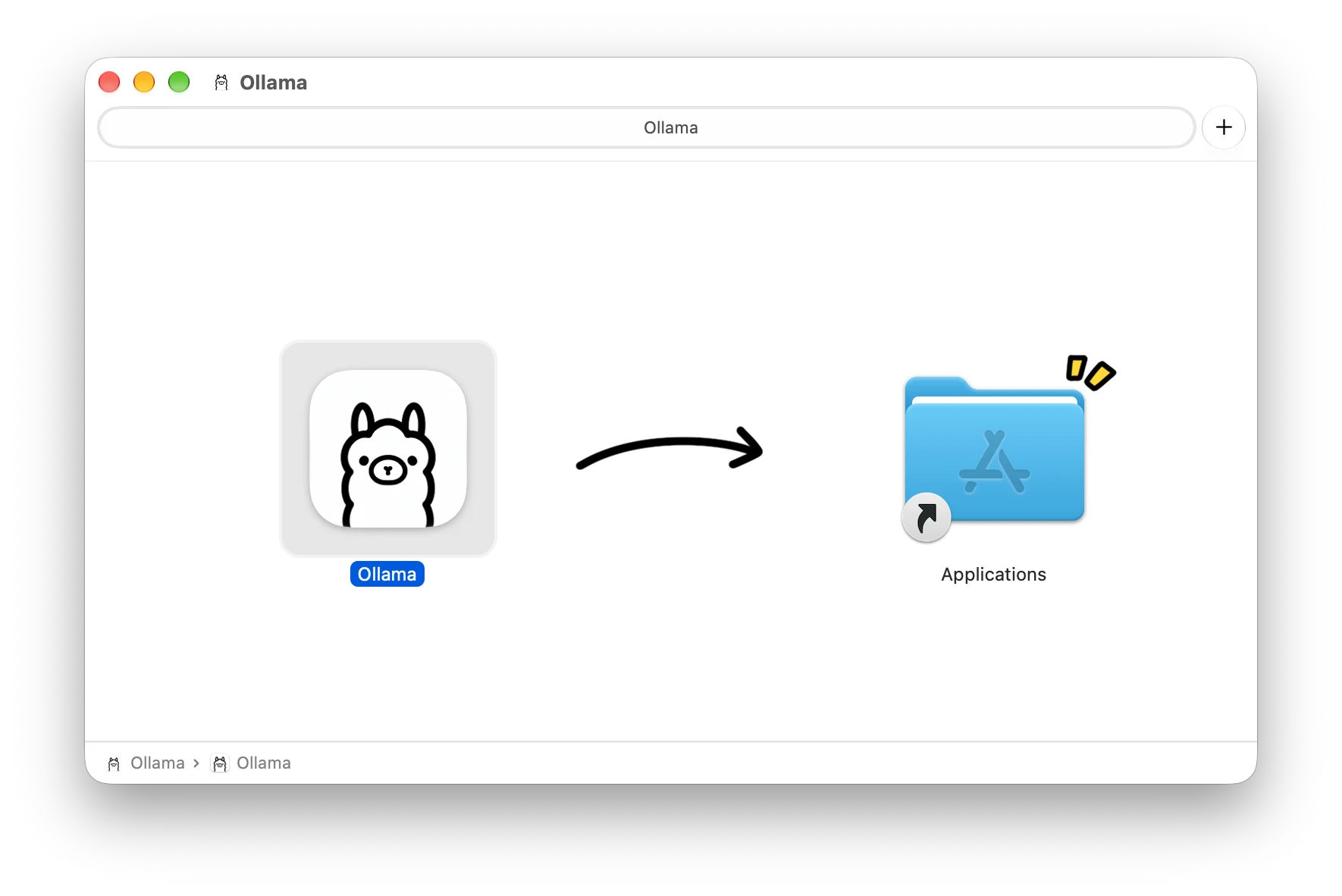 Installationsfenster von Ollama: das Ollama-Symbol wird in den Programme-Ordner gezogen