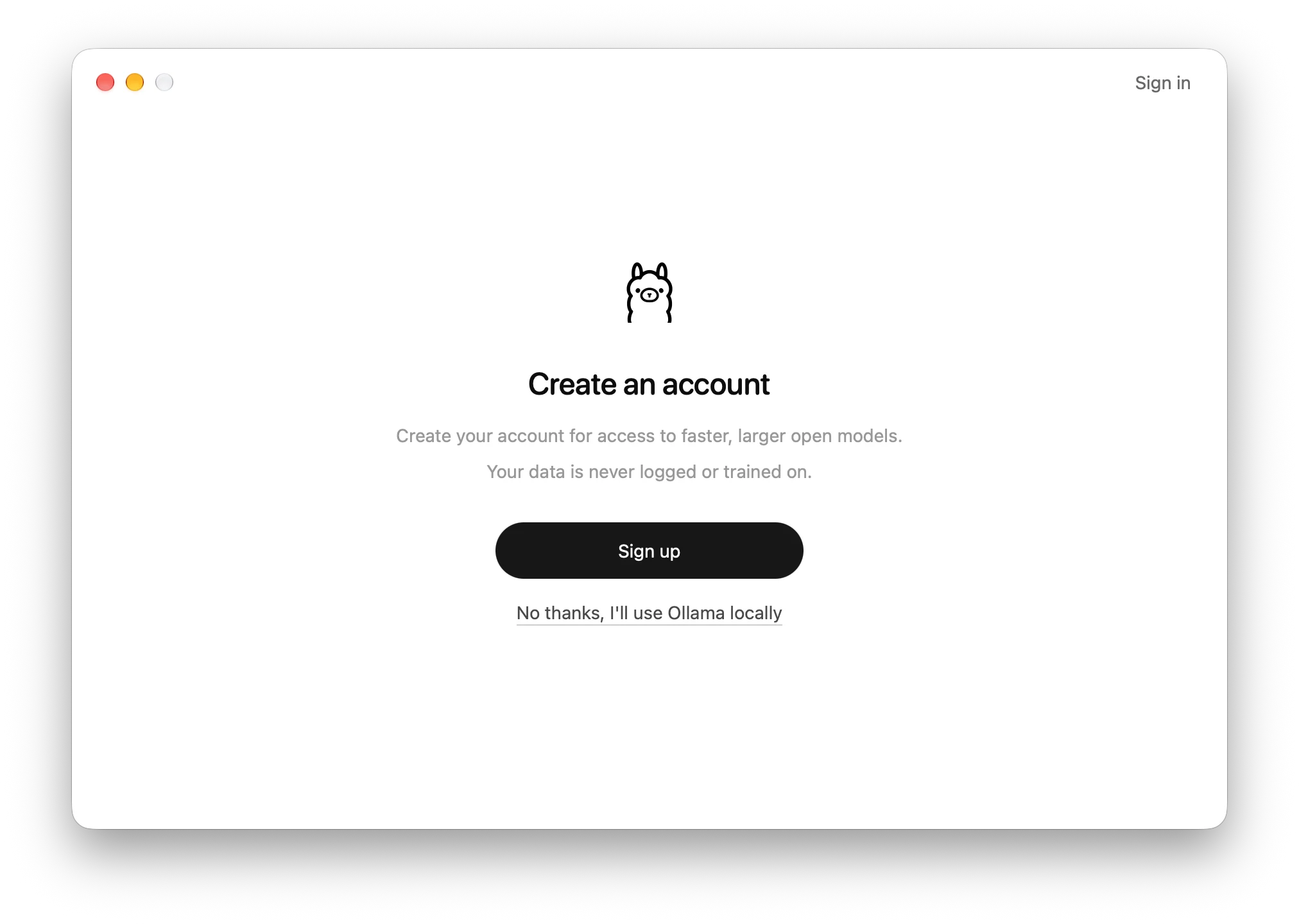 Ollama-Fenster Create an account mit dem Link No thanks, I’ll use Ollama locally