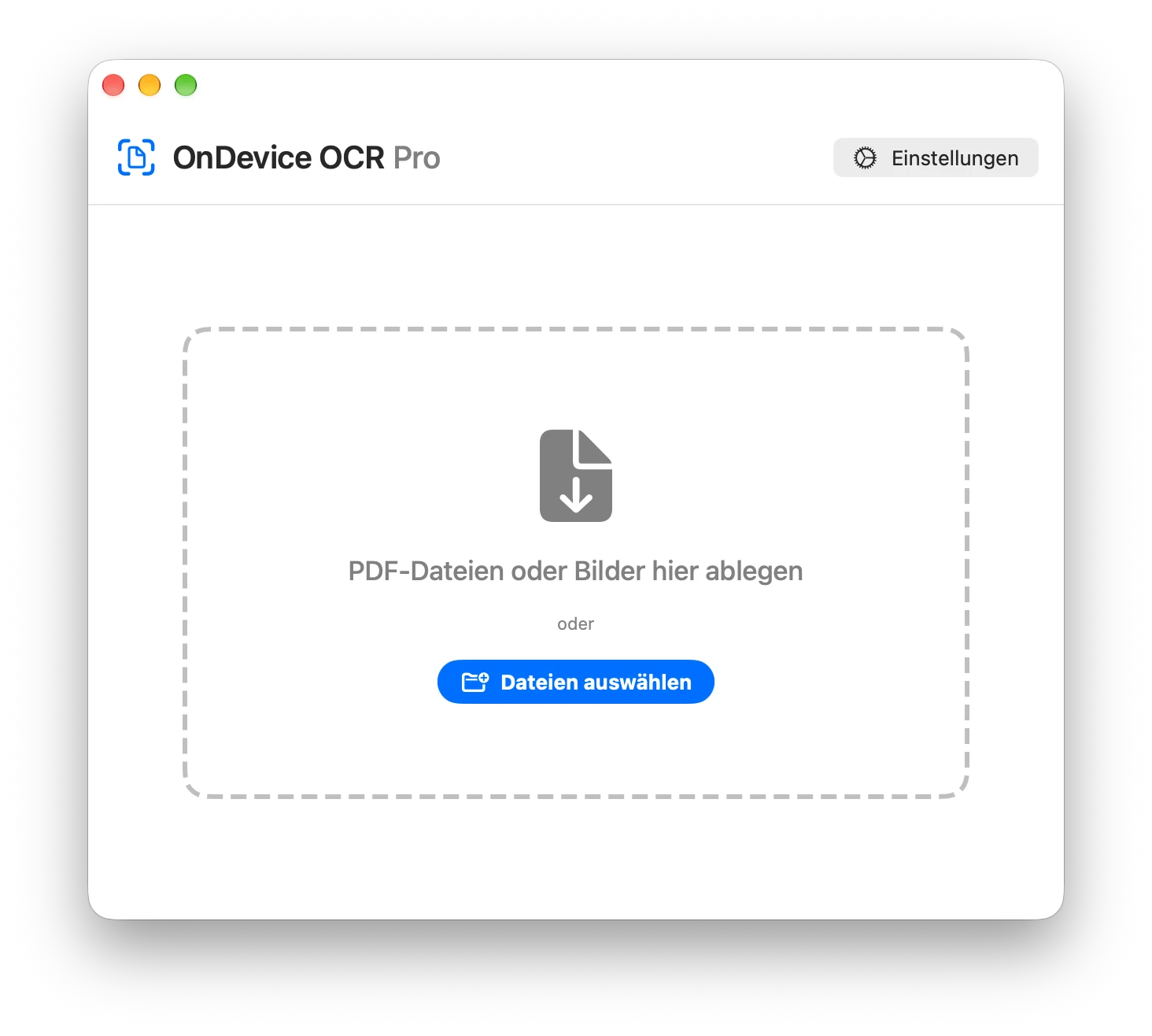 Hauptfenster von OnDevice OCR Pro mit der Schaltfläche Einstellungen oben rechts