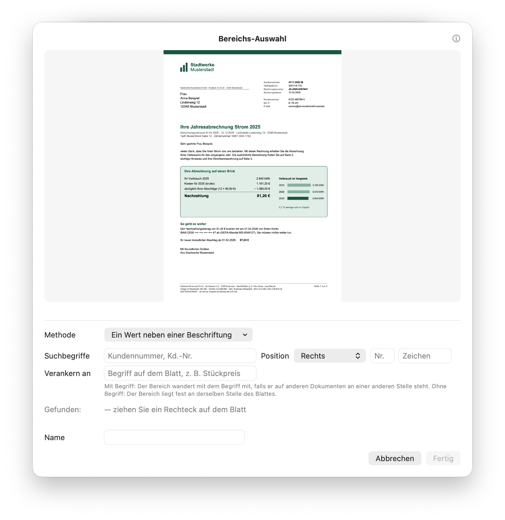 Fenster Bereichs-Auswahl mit dem Dokument und dem Menü Methode