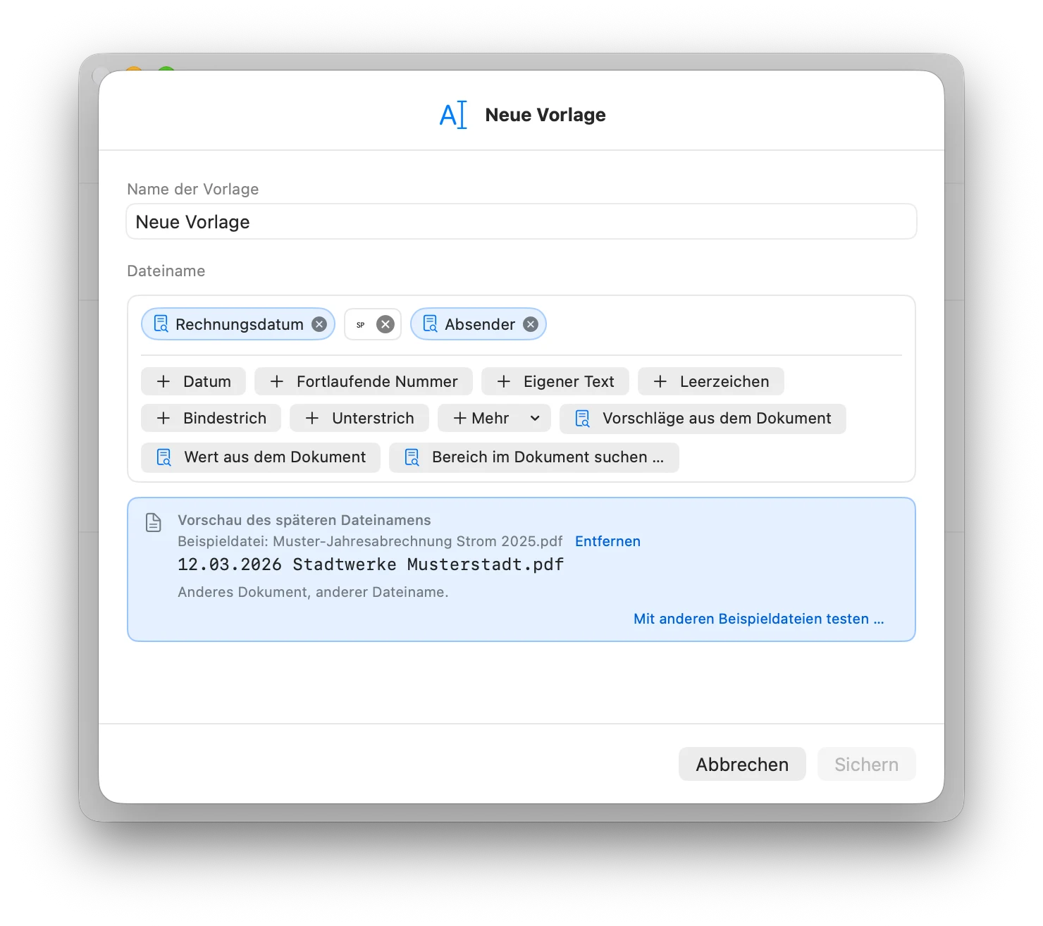 Fenster Neue Vorlage mit den Bausteinen Rechnungsdatum, Leerzeichen und Absender und der Vorschau 12.03.2026 Stadtwerke Musterstadt.pdf