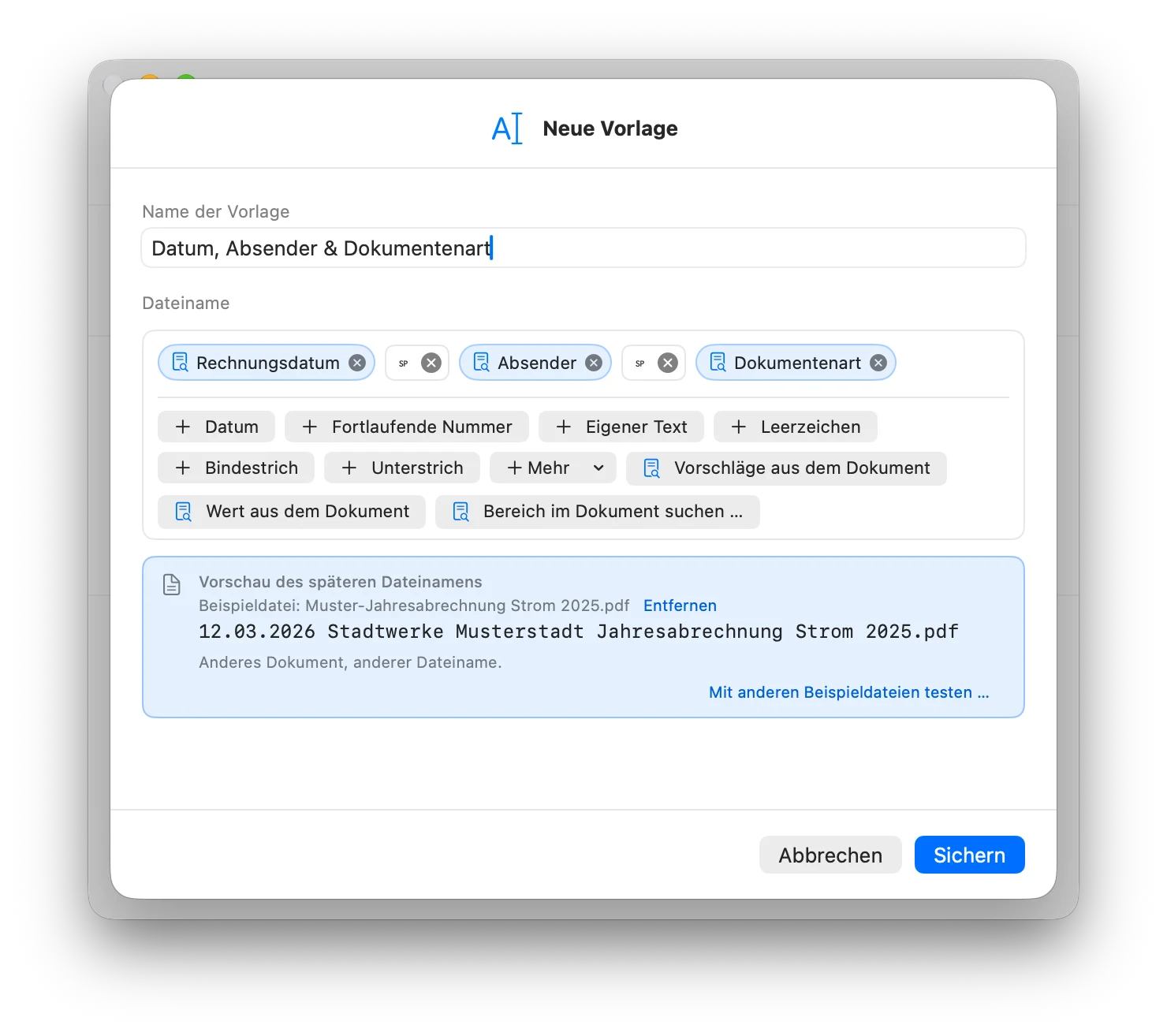 Vorlage Datum, Absender & Dokumentenart mit drei Bausteinen und der Vorschau 12.03.2026 Stadtwerke Musterstadt Jahresabrechnung Strom 2025.pdf