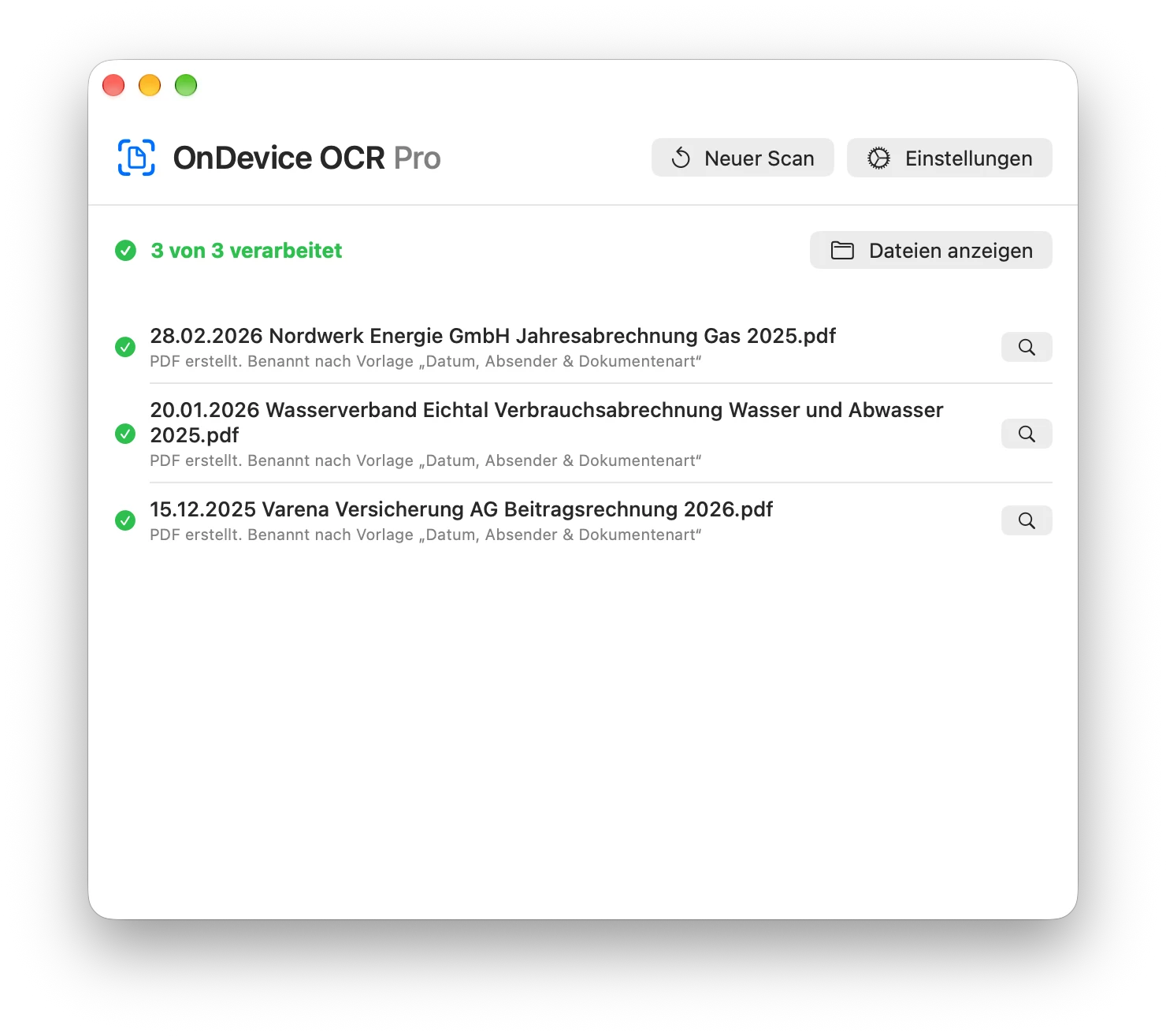 OnDevice OCR Pro nach der Verarbeitung: drei Dokumente, automatisch benannt als 28.02.2026 Nordwerk Energie GmbH Jahresabrechnung Gas 2025, 20.01.2026 Wasserverband Eichtal Verbrauchsabrechnung Wasser und Abwasser 2025 und 15.12.2025 Varena Versicherung AG Beitragsrechnung 2026