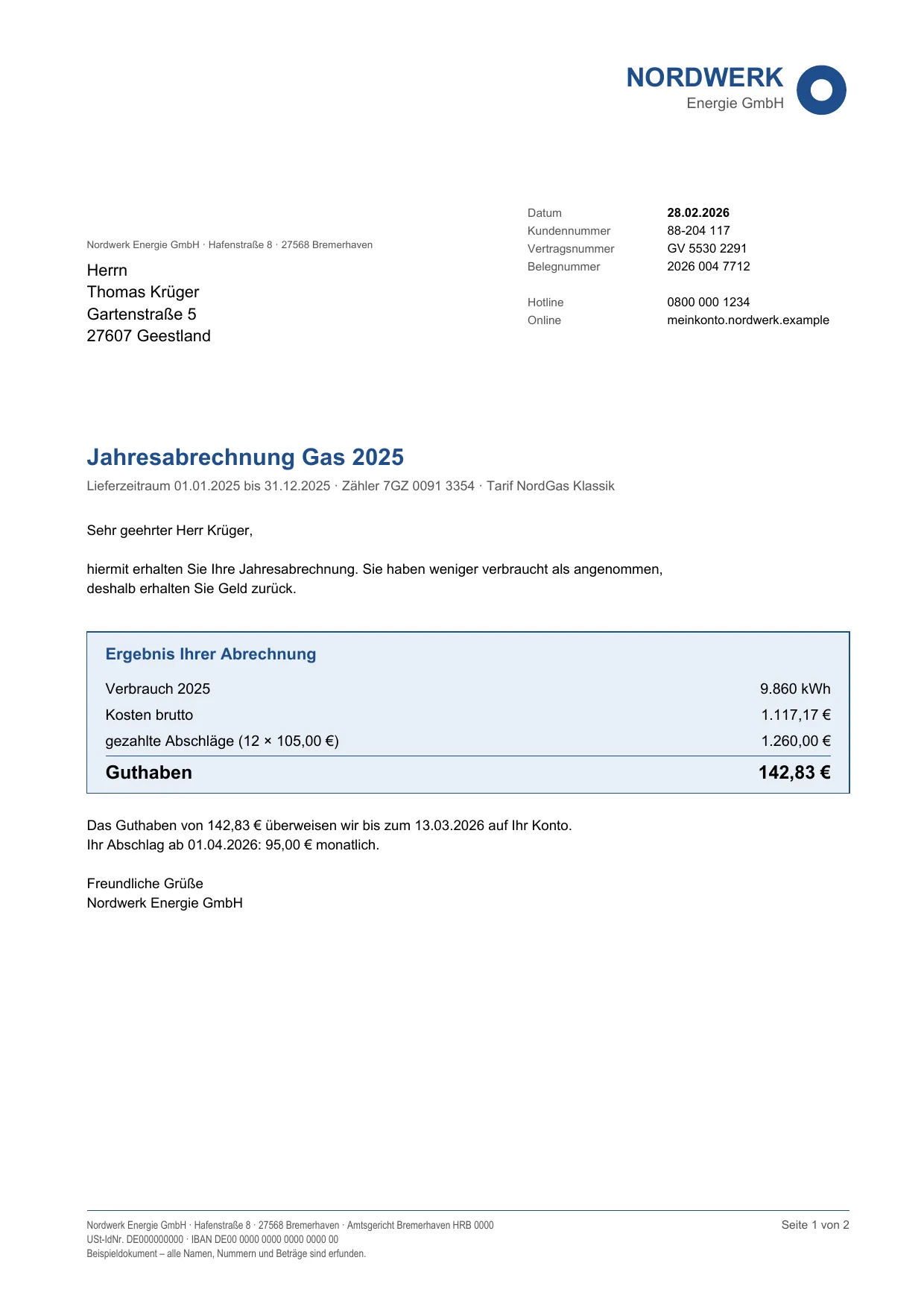 Erste Seite der fiktiven Jahresabrechnung Gas 2025 von Nordwerk Energie (Scan001.pdf)