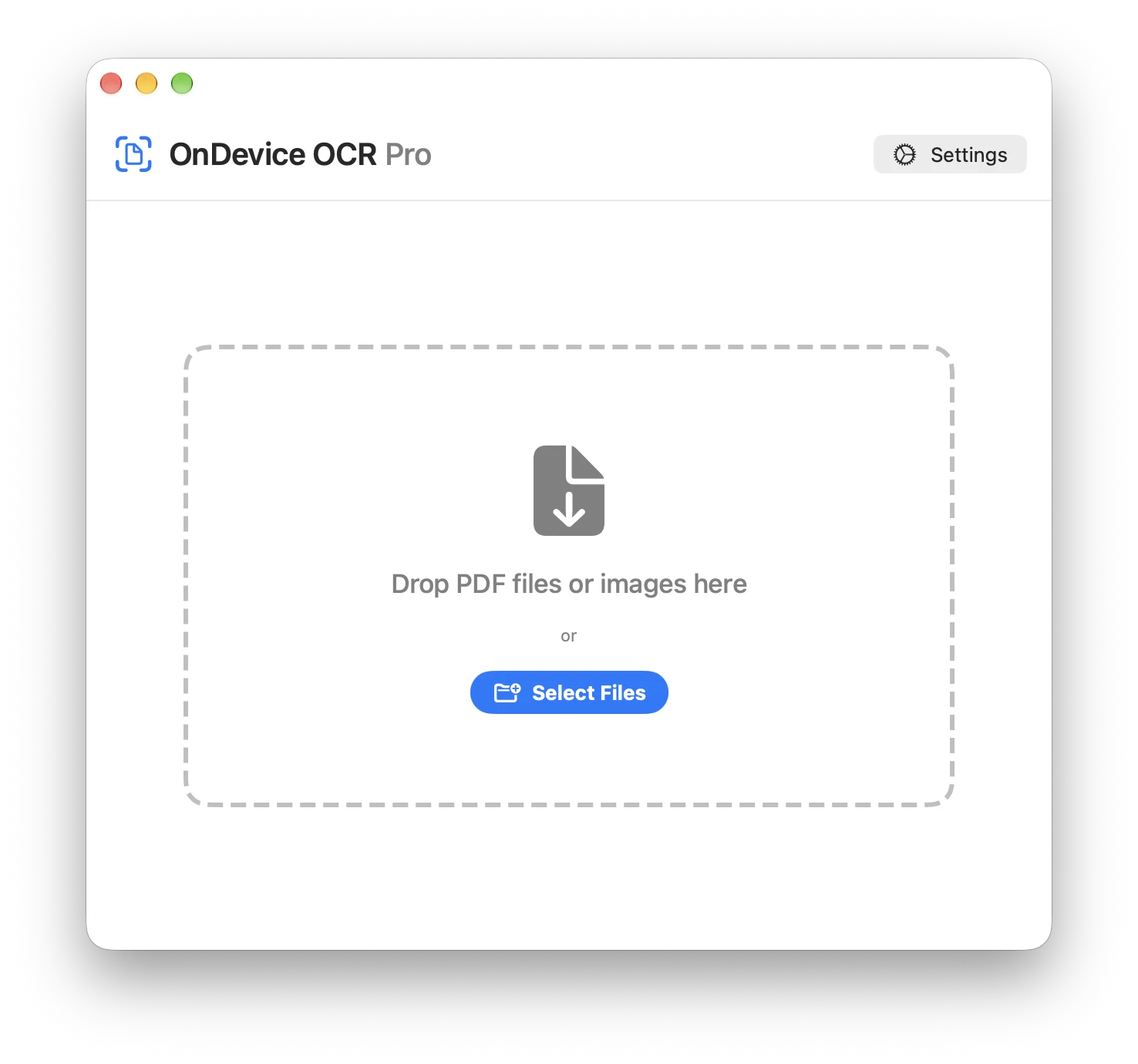 OnDevice OCR Pro main window with the Settings button in the top right corner