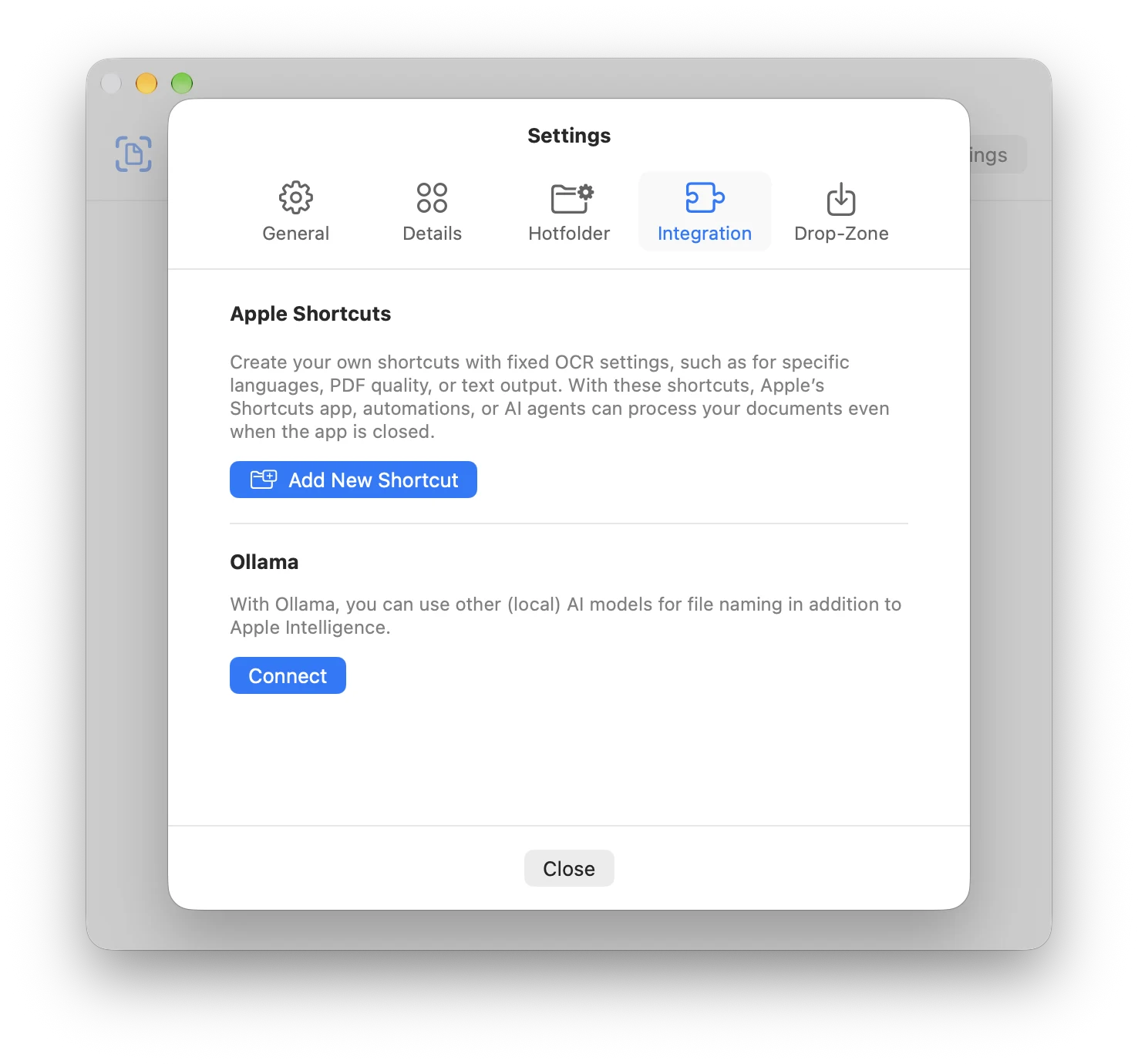 Settings, Integration tab, with the Ollama section and the Connect button