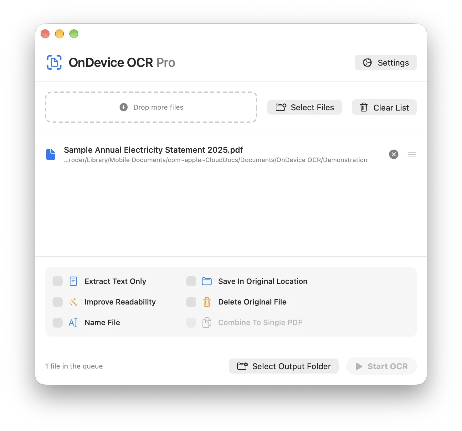 Main window with the file Sample Annual Electricity Statement 2025.pdf in the queue and the Name File option