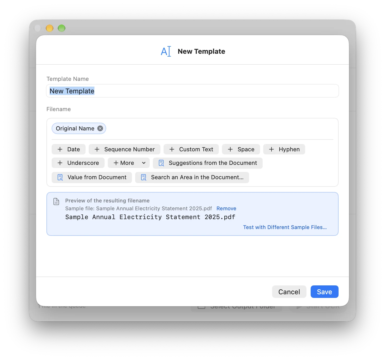 New Template window with the Original Name component and the preview Sample Annual Electricity Statement 2025.pdf