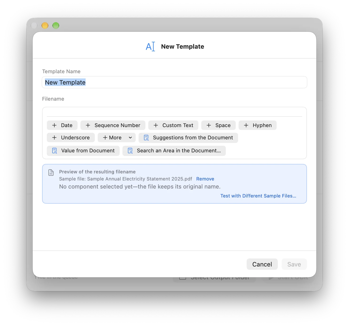New Template window without components and with the Search an Area in the Document… button