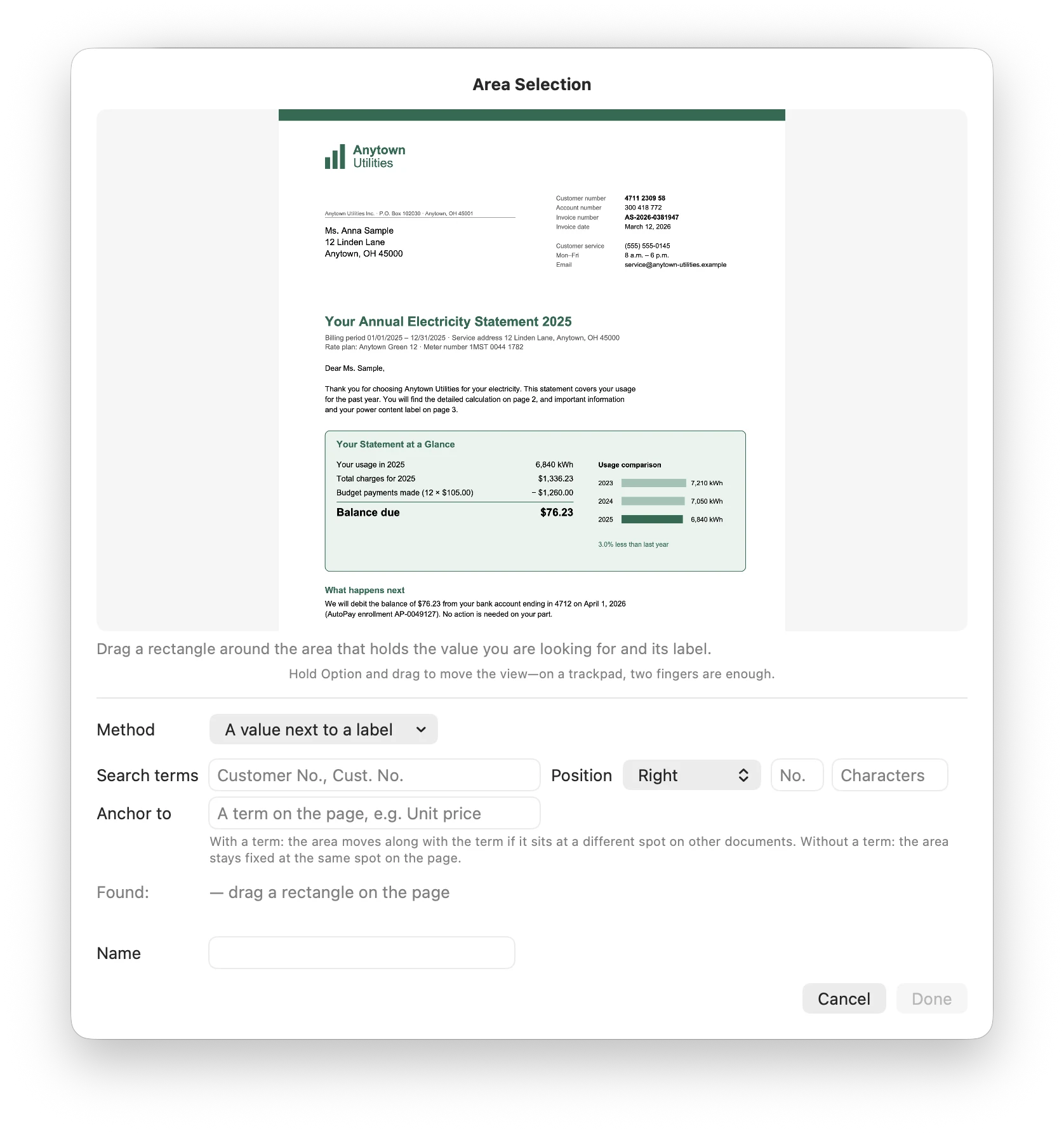 Area Selection window with the document and the Method menu