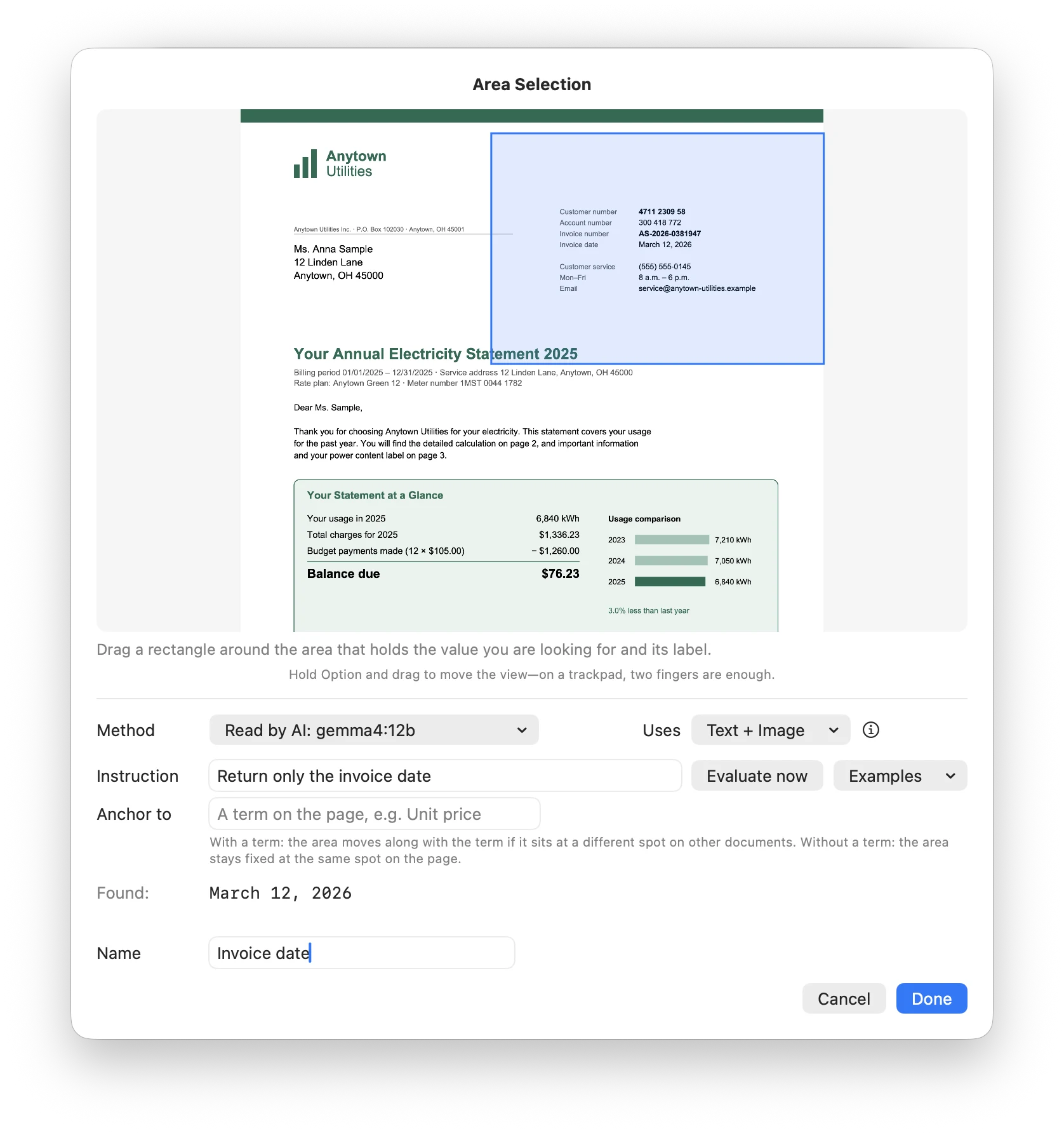 Area Selection with a box around the info block in the top right corner, Method Read by AI: gemma4:12b, the Instruction Return only the invoice date, and Found March 12, 2026