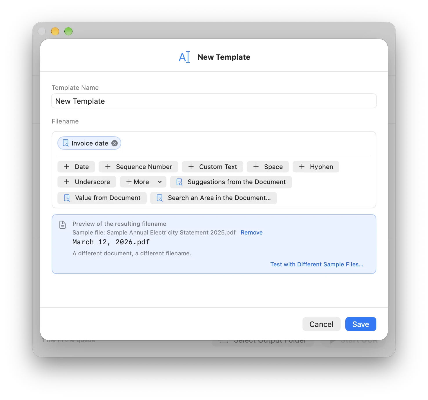New Template window with the Invoice date component and the preview March 12, 2026.pdf