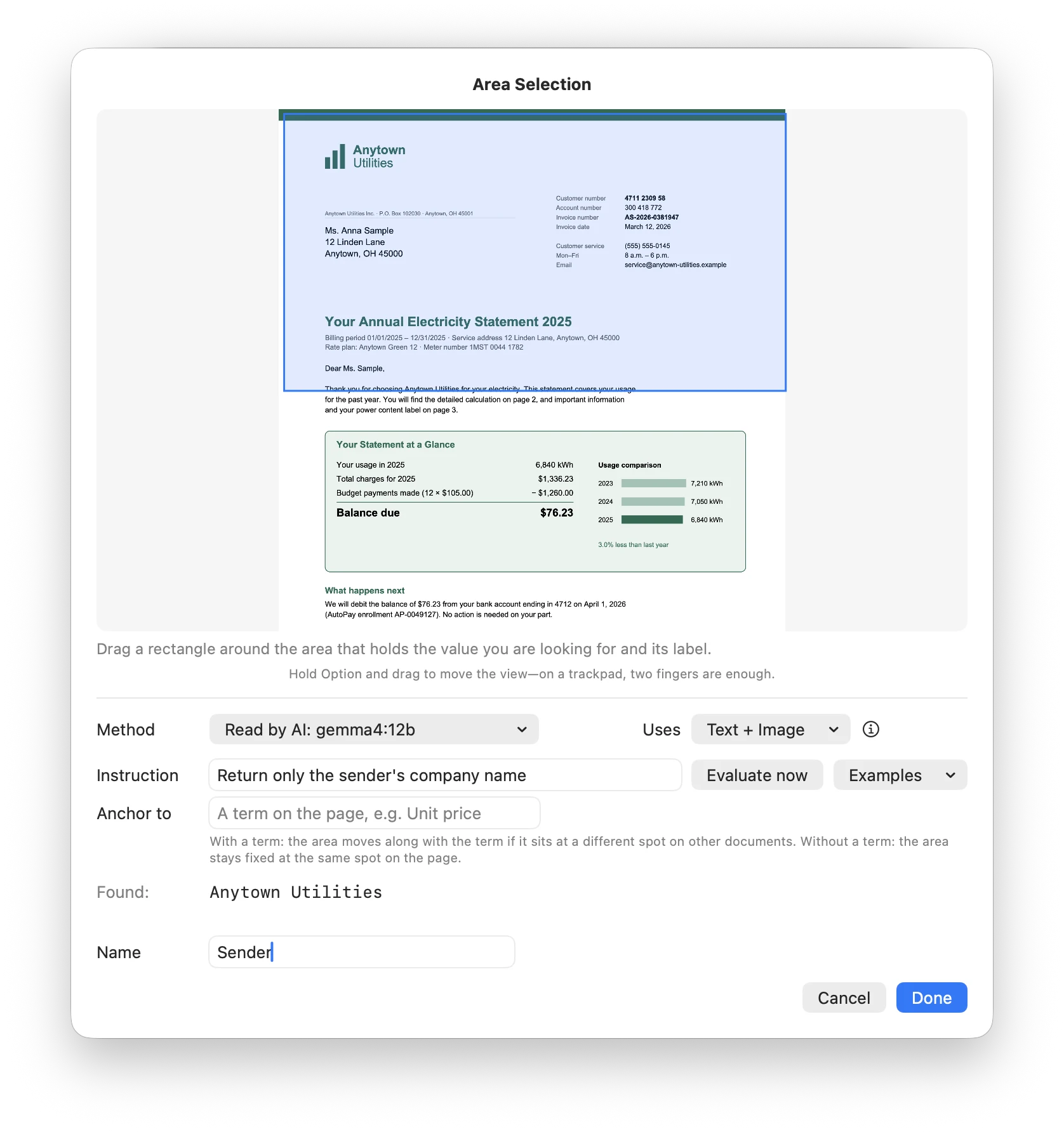 Area Selection with a box around the top part of the document, the Instruction Return only the sender's company name, and Found Anytown Utilities