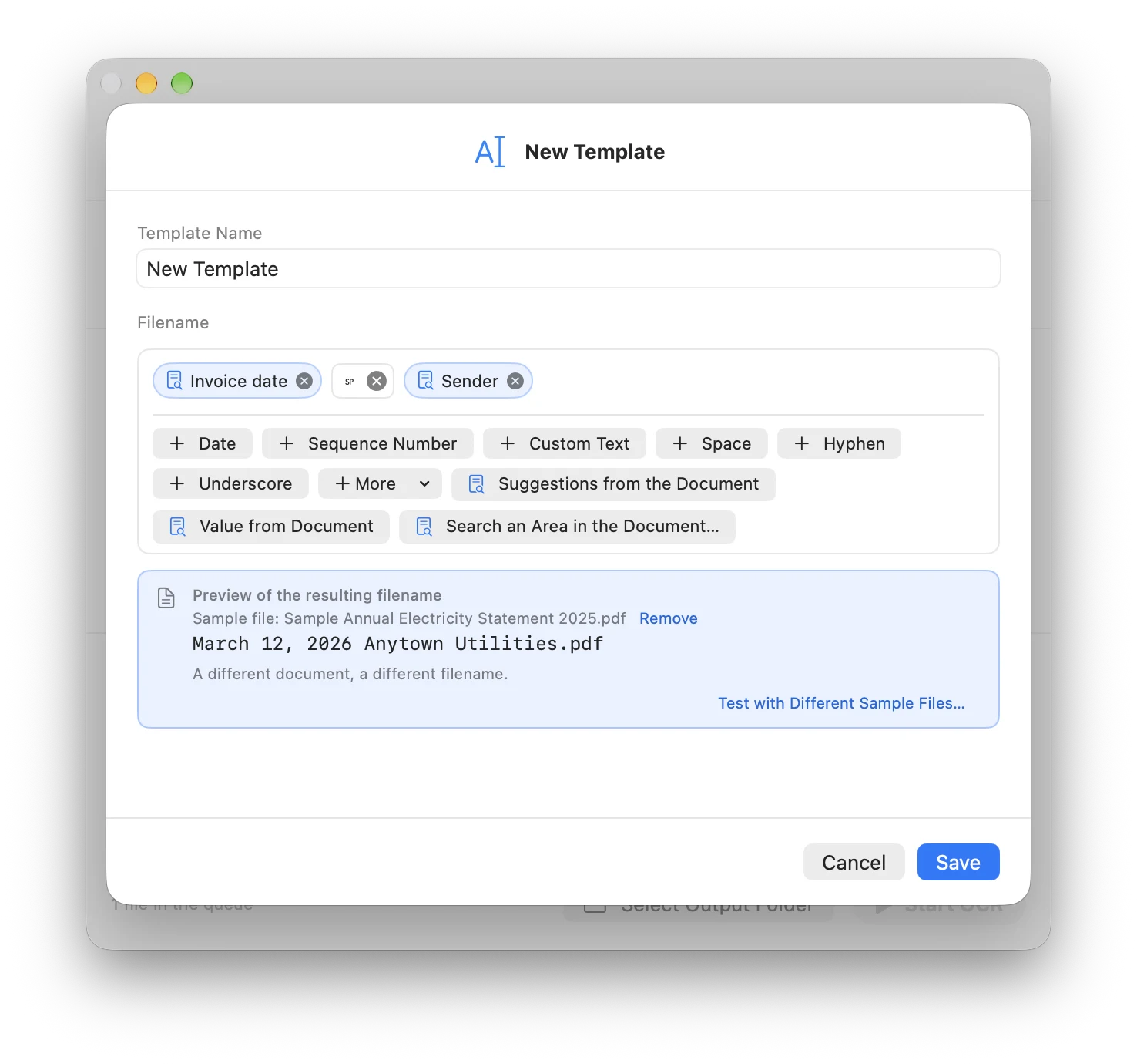 New Template window with the components Invoice date, Space, and Sender and the preview March 12, 2026 Anytown Utilities.pdf