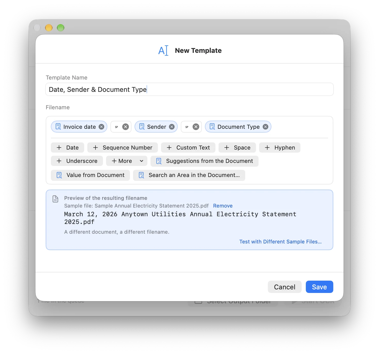 Template Date, Sender & Document Type with three components and the preview March 12, 2026 Anytown Utilities Annual Electricity Statement 2025.pdf