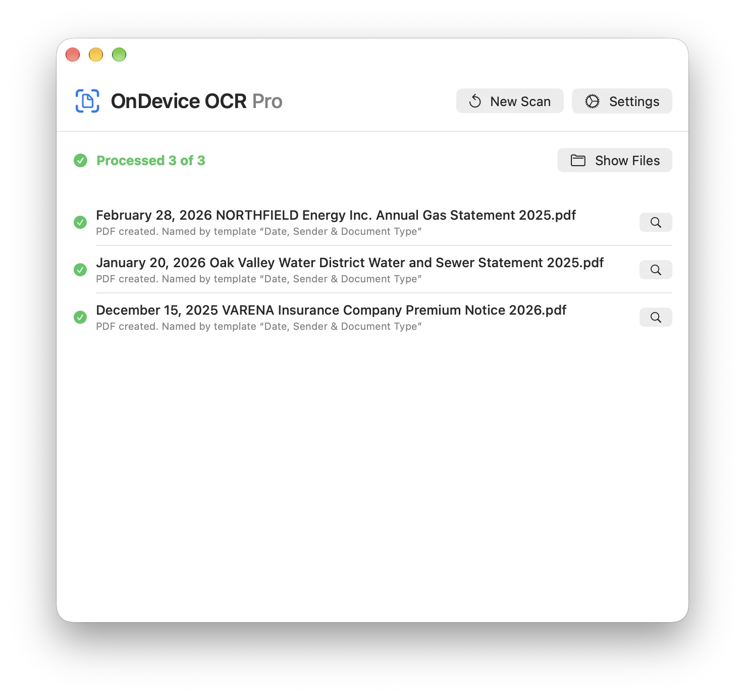 OnDevice OCR Pro after processing: three documents, automatically named February 28, 2026 NORTHFIELD Energy Inc. Annual Gas Statement 2025, January 20, 2026 Oak Valley Water District Water and Sewer Statement 2025, and December 15, 2025 VARENA Insurance Company Premium Notice 2026