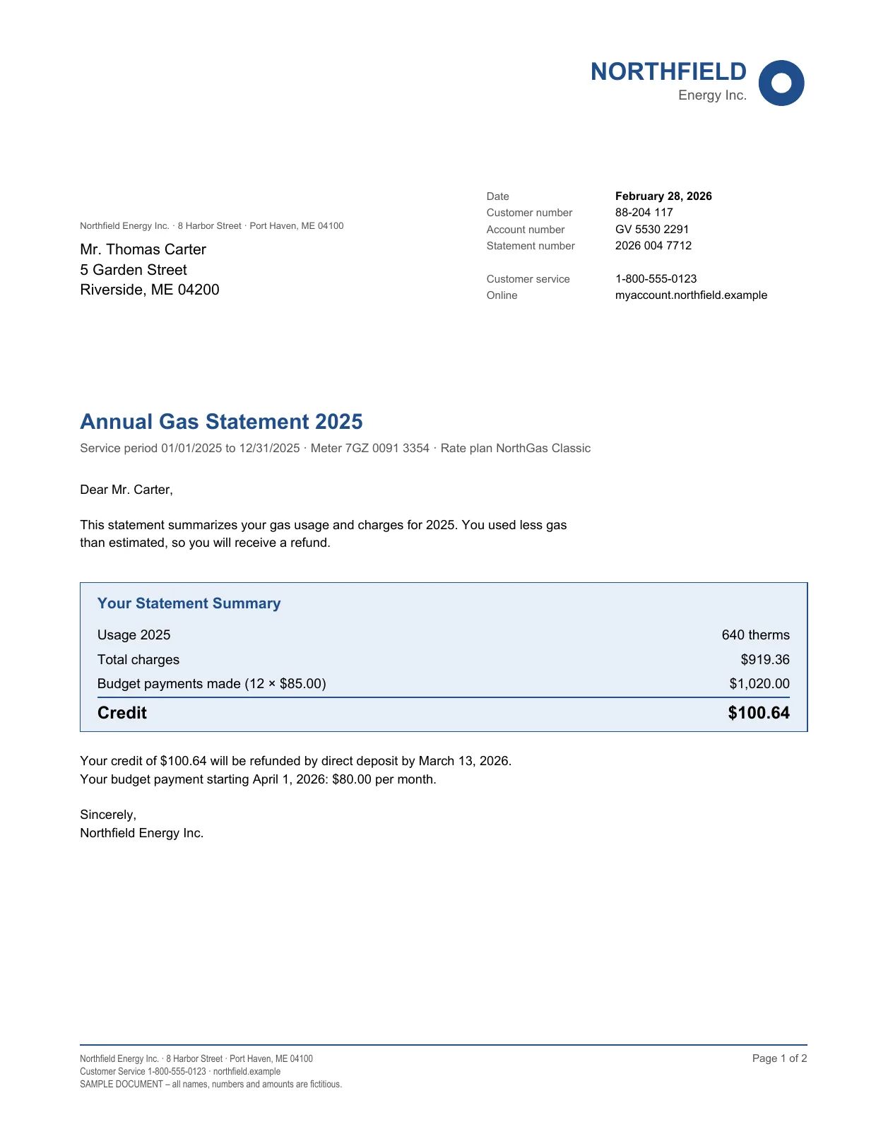 First page of a fictional 2025 annual gas statement from Northfield Energy (Scan001.pdf)