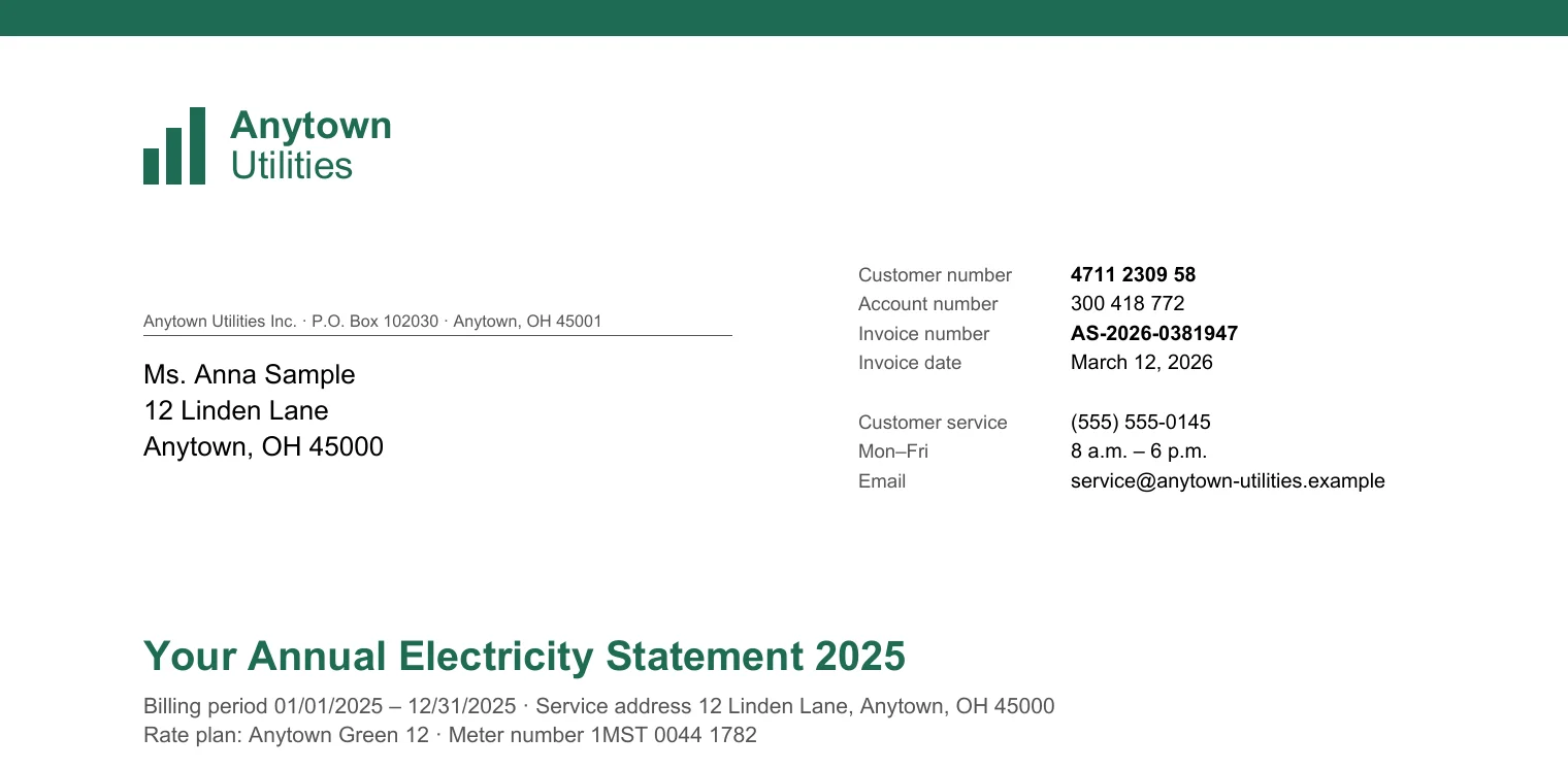 Top part of a fictional 2025 annual electricity statement from Anytown Utilities with letterhead, address, and invoice date
