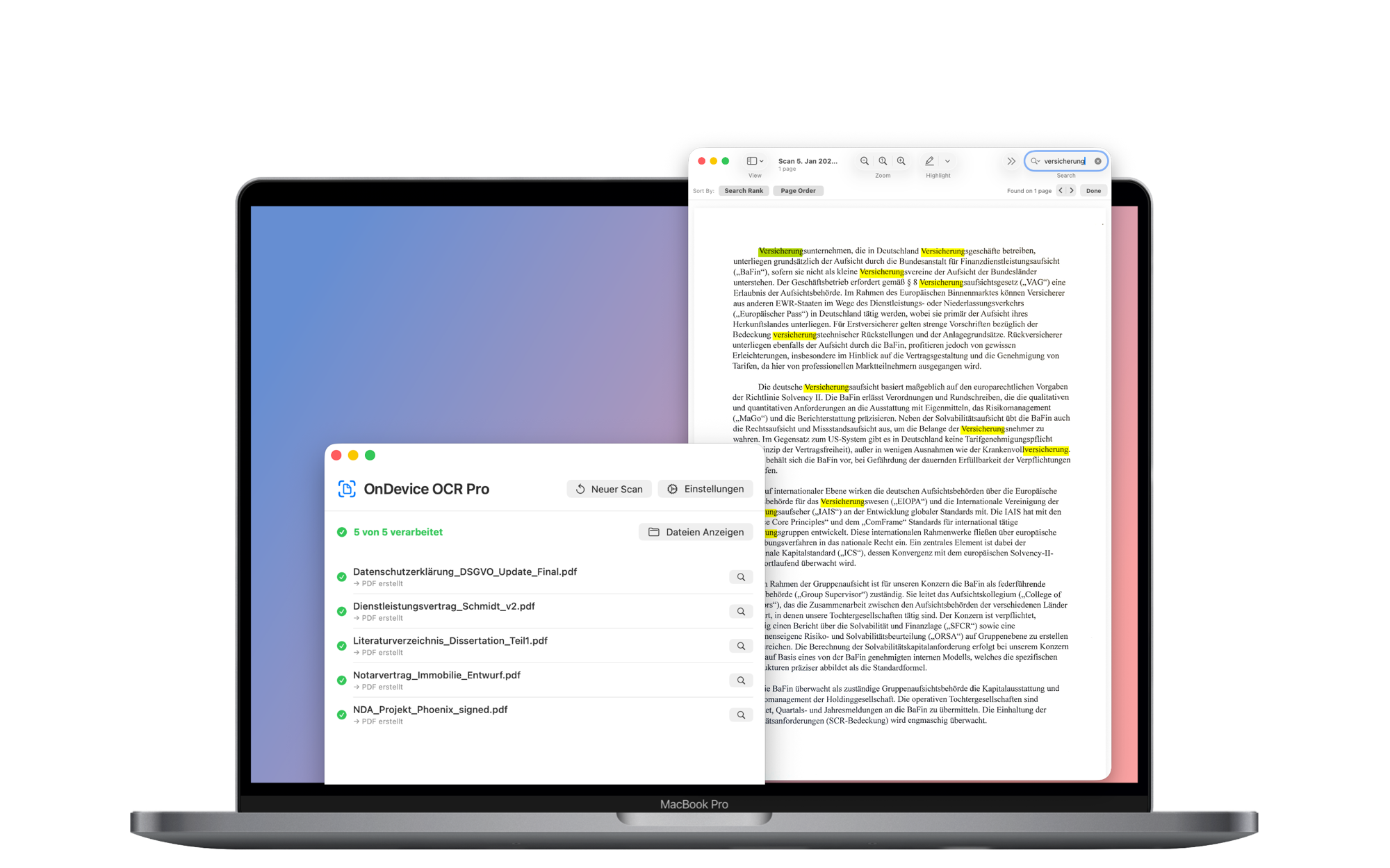OnDevice OCR Pro zeigt einen fertig verarbeiteten Stapel von fünf Dokumenten neben einer durchsuchbaren PDF mit hervorgehobenen Suchergebnissen
