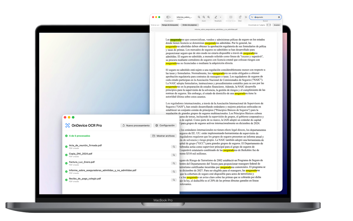 OnDevice OCR Pro muestra un lote completado de cinco documentos junto a un PDF en el que se pueden realizar búsquedas, con los resultados resaltados