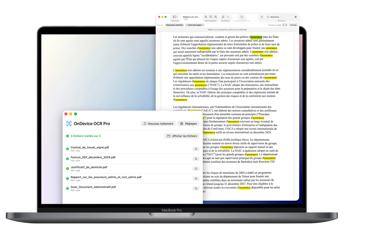 OnDevice OCR Pro affichant un lot de cinq documents traités à côté d’un PDF recherchable dont les résultats de recherche sont mis en évidence
