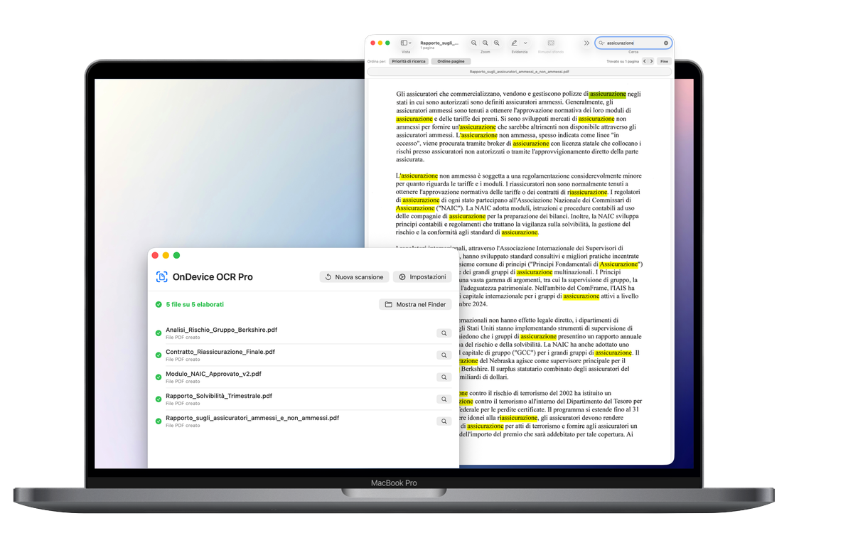 OnDevice OCR Pro mostra un lotto completato di cinque documenti accanto a un PDF ricercabile con i risultati della ricerca evidenziati
