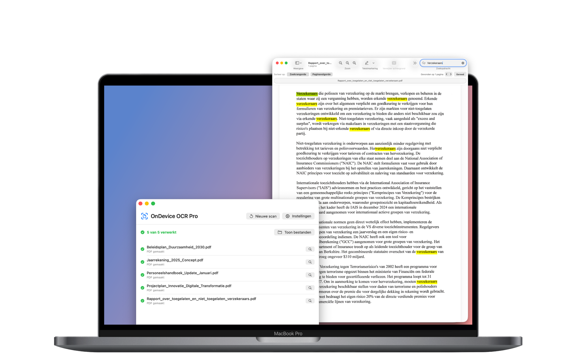 OnDevice OCR Pro toont een voltooide batch van vijf documenten naast een doorzoekbare PDF met gemarkeerde zoekresultaten