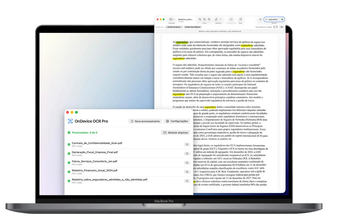 O OnDevice OCR Pro exibe um lote concluído de cinco documentos ao lado de um PDF pesquisável com os resultados da pesquisa destacados