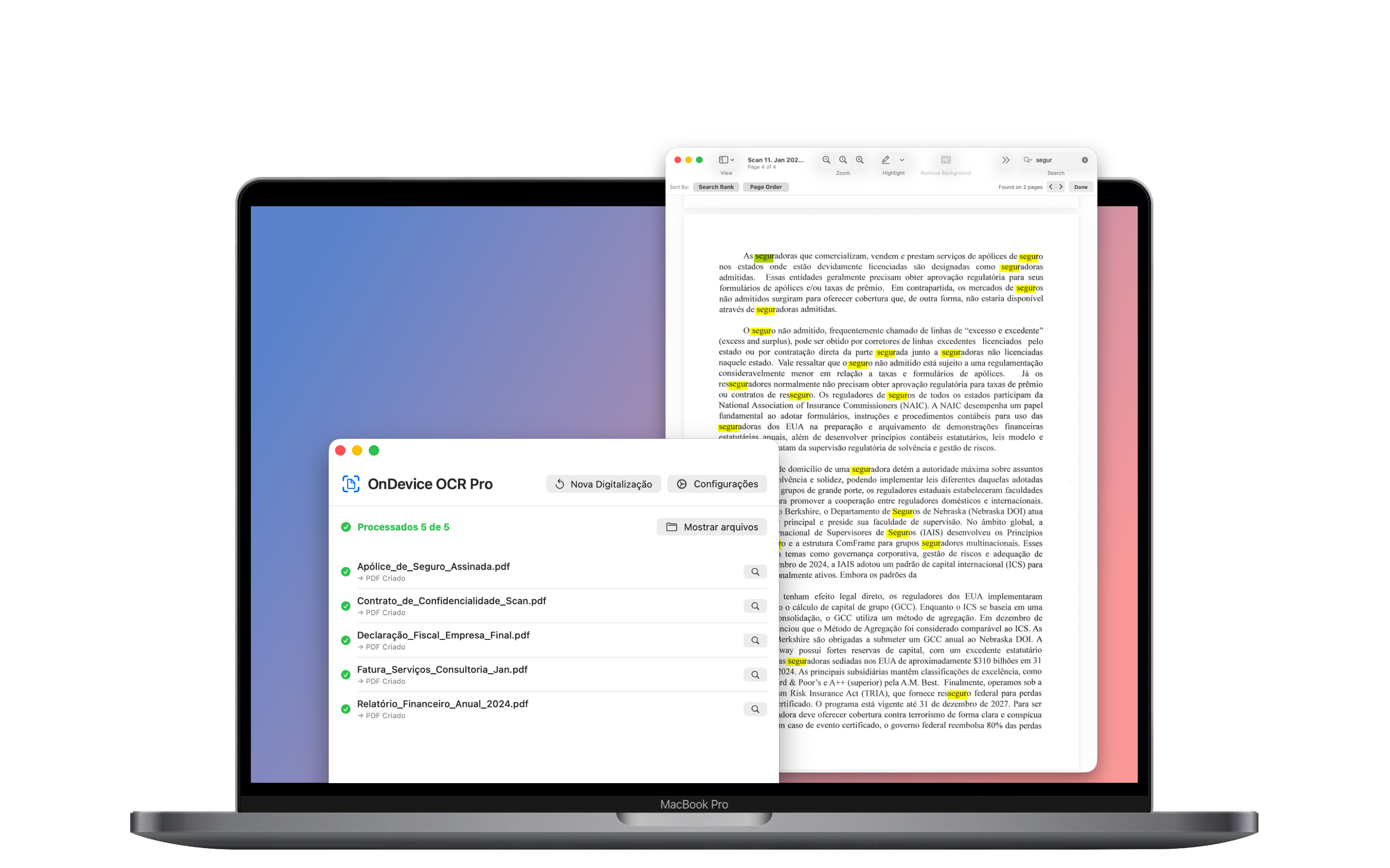 O OnDevice OCR Pro exibe um lote concluído de cinco documentos ao lado de um PDF pesquisável com os resultados da pesquisa destacados