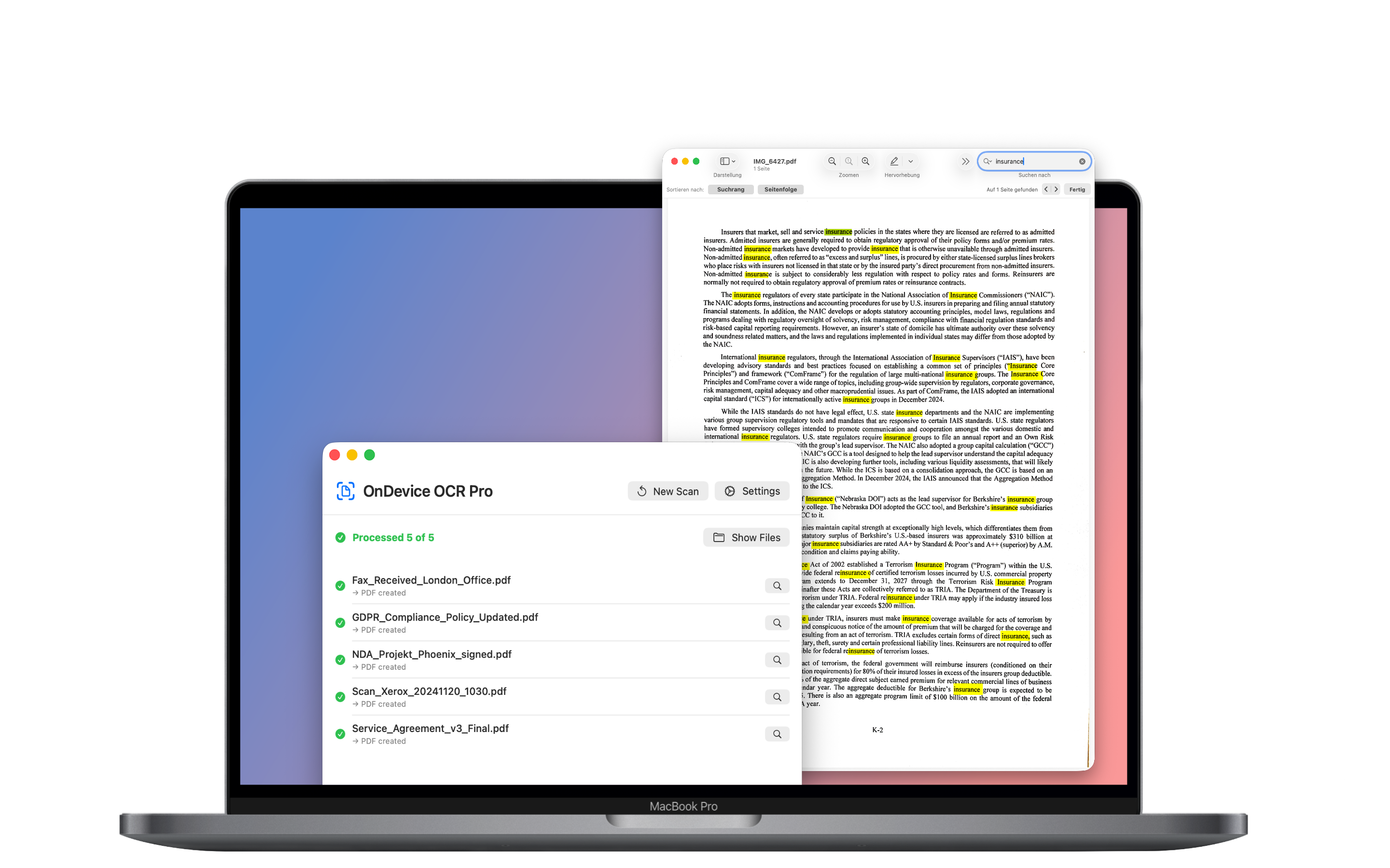 OnDevice OCR Pro showing a finished batch of five documents next to a searchable PDF with highlighted search results