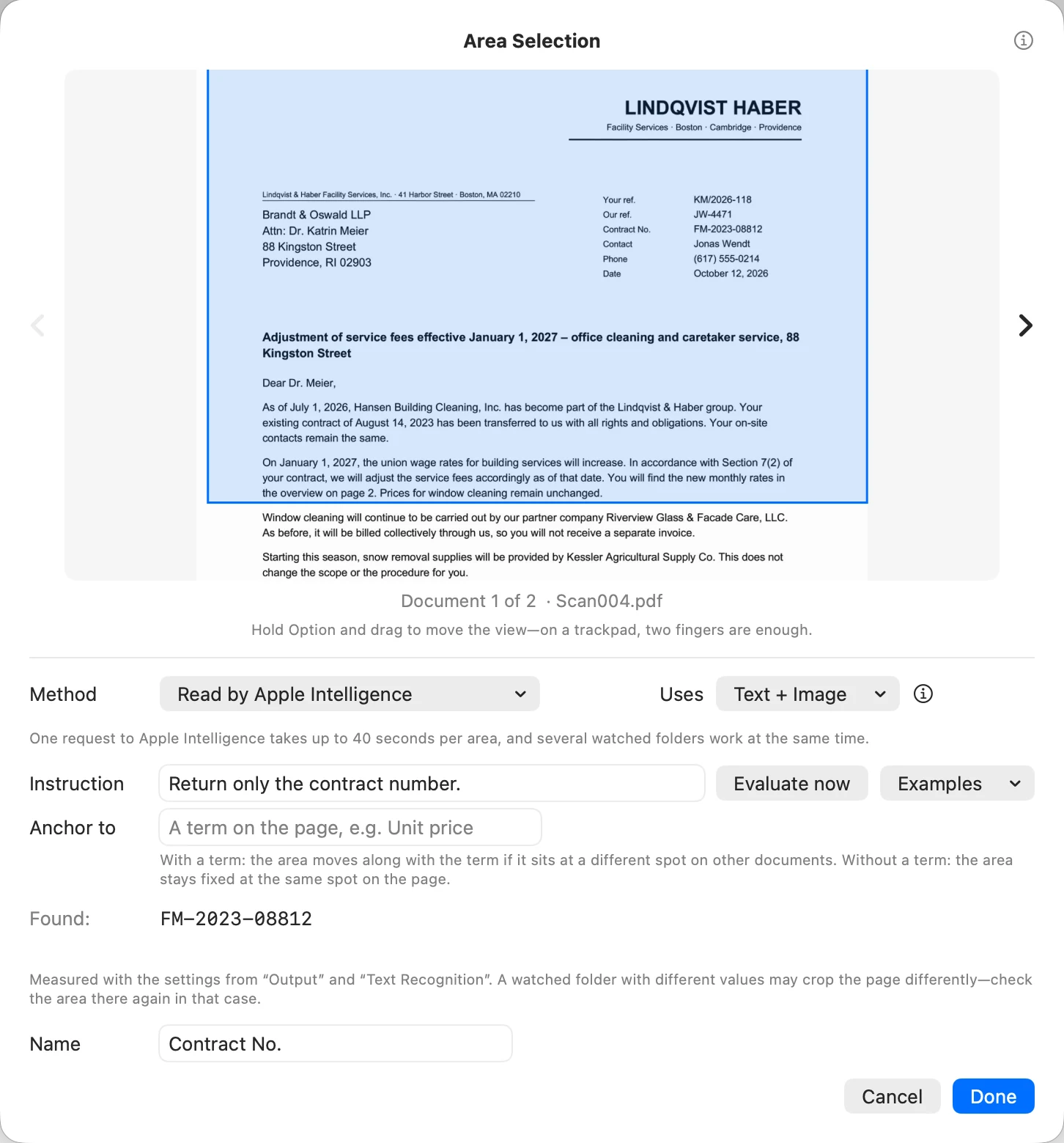Area Selection with the instruction Return only the contract number, Found FM-2023-08812, and Name Contract No.