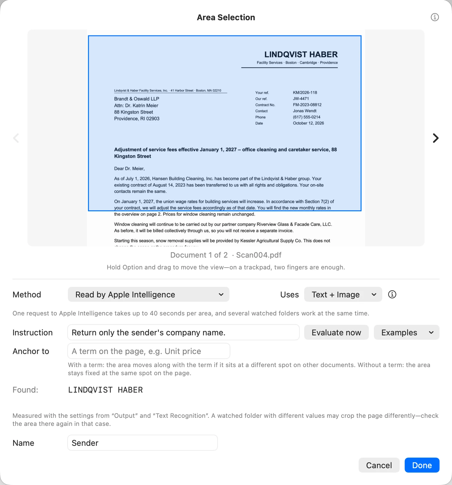 Area Selection with the method Read by Apple Intelligence, Instruction, Evaluate now, Found LINDQVIST HABER, and Name Sender