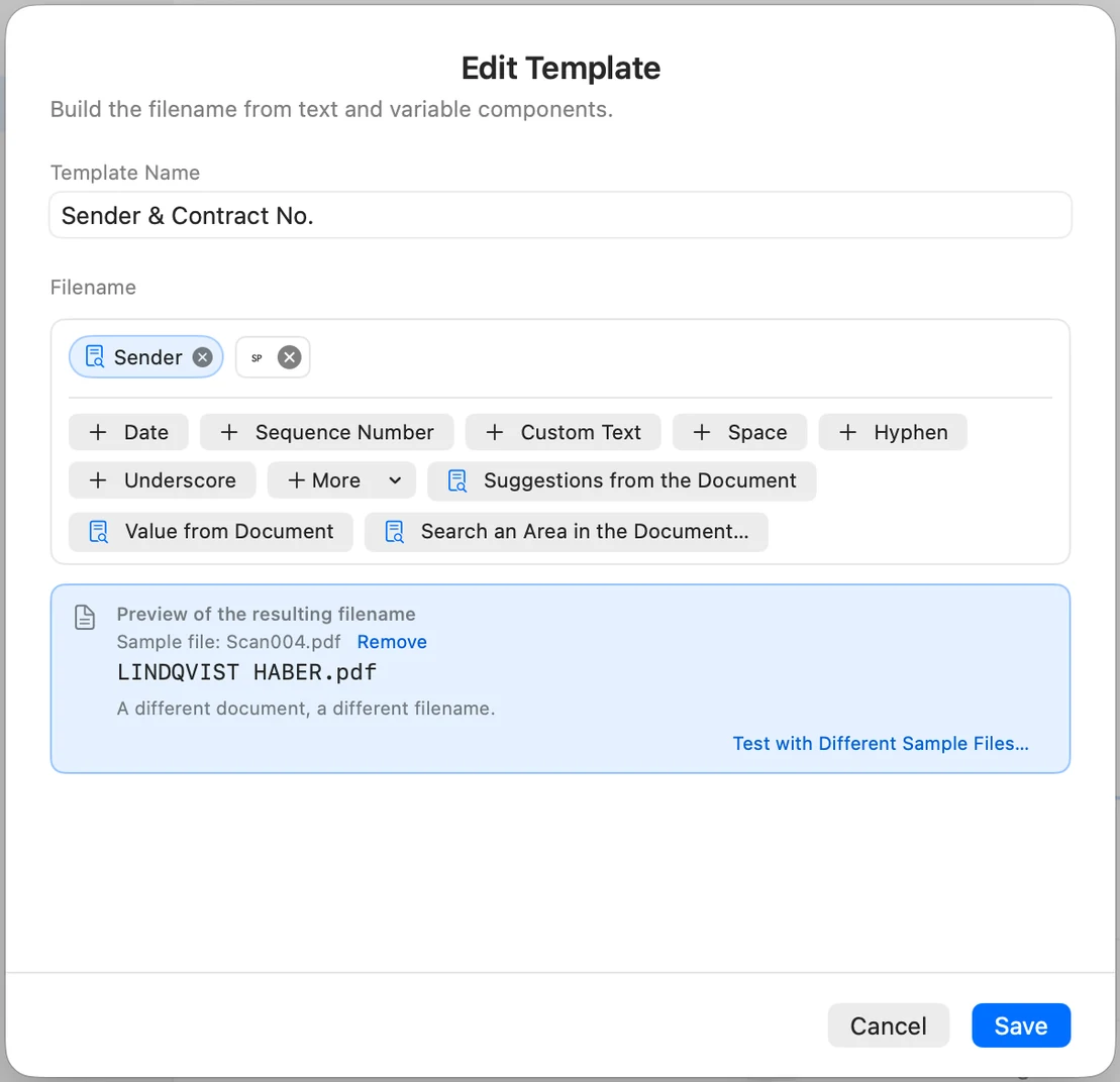 New Template window with the Sender and Space components and the preview LINDQVIST HABER.pdf