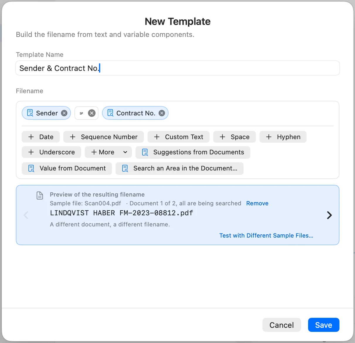 The Sender & Contract No. template with the Sender, Space, and Contract No. components and the preview LINDQVIST HABER FM-2023-08812.pdf