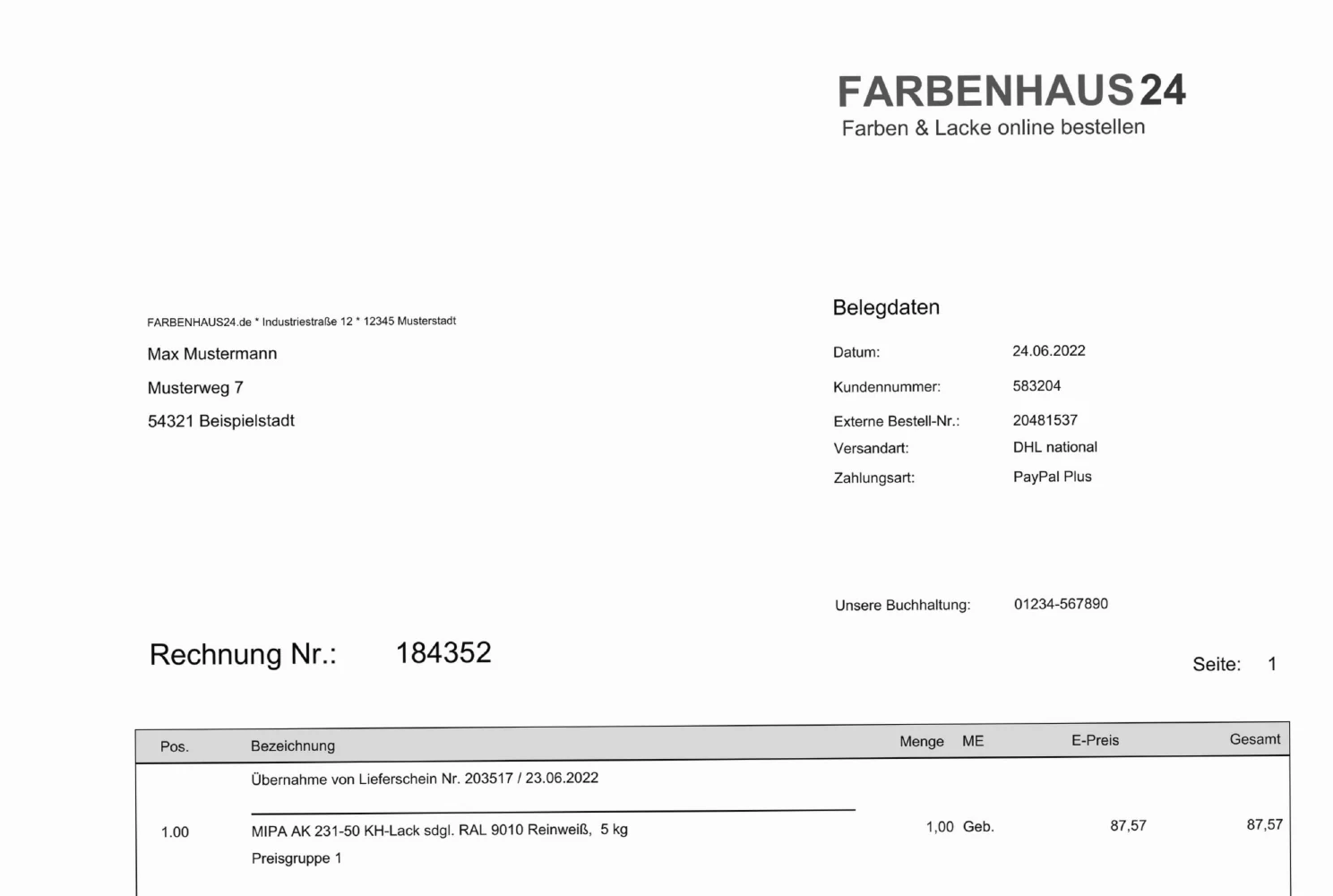 Oberer Teil einer fiktiven Rechnung von FARBENHAUS24 mit Belegdaten wie Datum, Kundennummer, Externe Bestell-Nr. und Rechnung Nr.