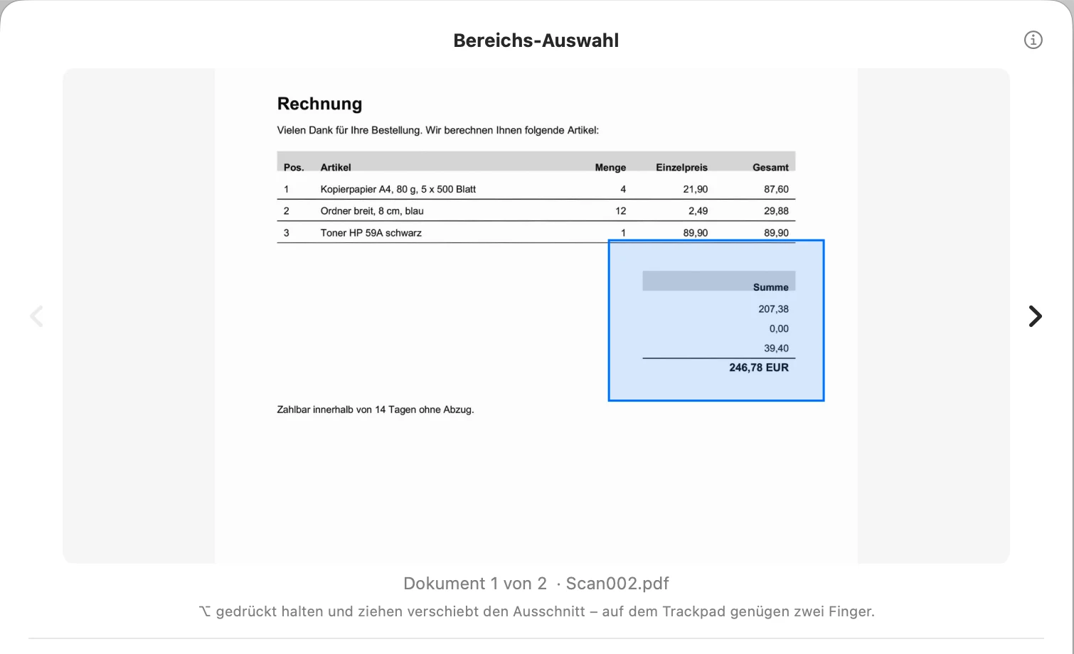 Bereichs-Auswahl mit einem gezogenen Rechteck um den Summenblock einer Rechnung