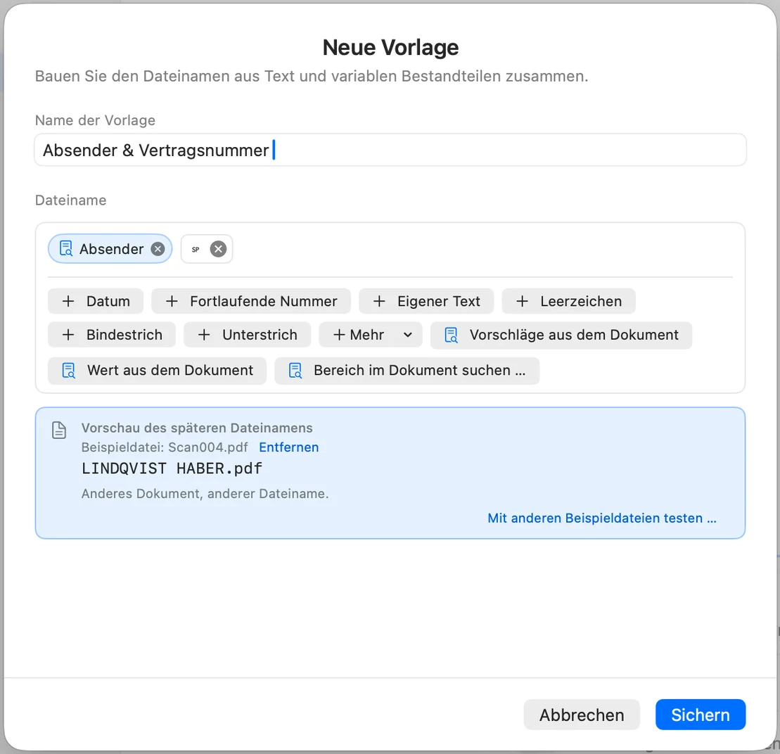 Fenster Neue Vorlage mit den Bausteinen Absender und Leerzeichen und der Vorschau LINDQVIST HABER.pdf