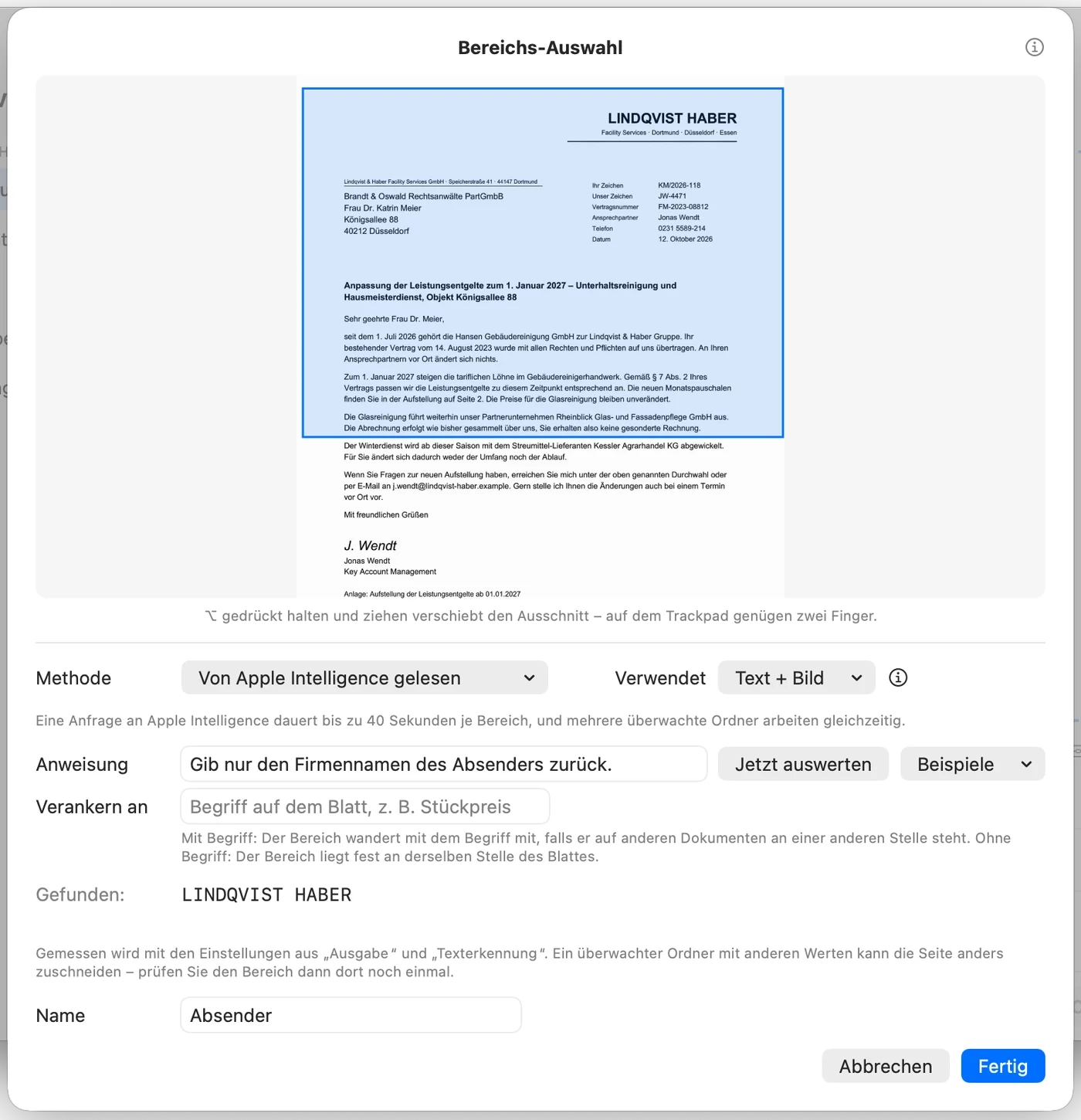 Bereichs-Auswahl mit Methode Von Apple Intelligence gelesen, Anweisung, Jetzt auswerten, Gefunden LINDQVIST HABER und Name Absender