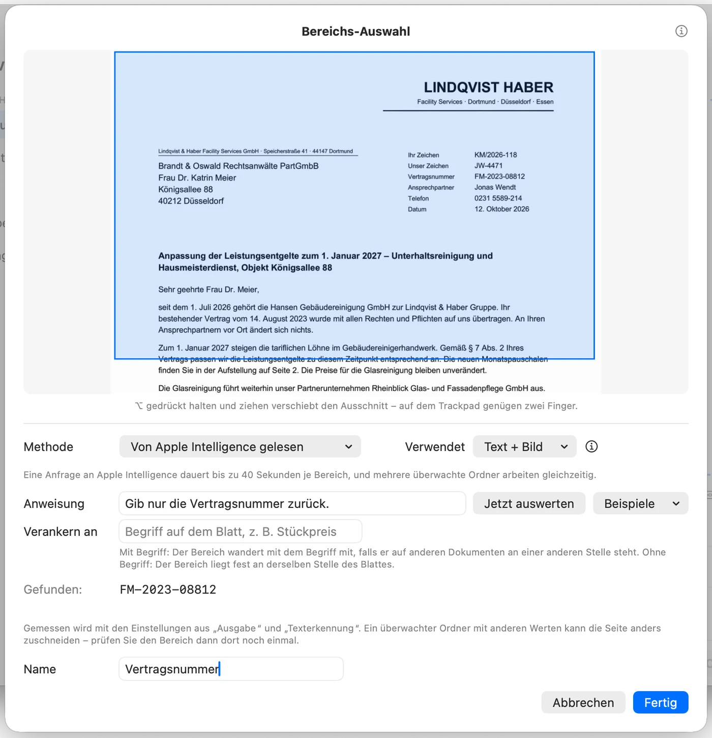 Bereichs-Auswahl mit der Anweisung Gib nur die Vertragsnummer zurück, Gefunden FM-2023-08812 und Name Vertragsnummer