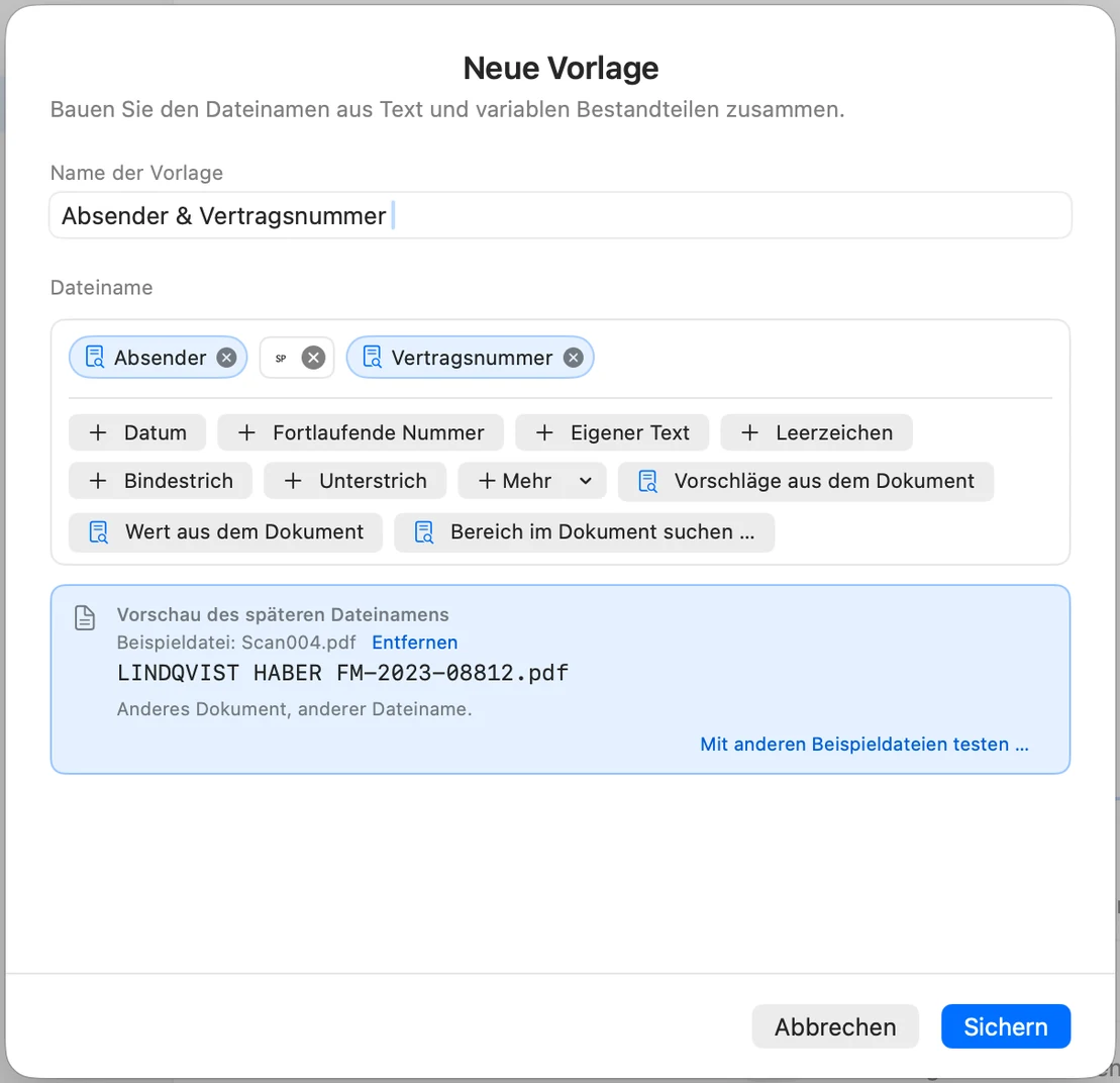 Vorlage Absender & Vertragsnummer mit den Bausteinen Absender, Leerzeichen und Vertragsnummer und der Vorschau LINDQVIST HABER FM-2023-08812.pdf