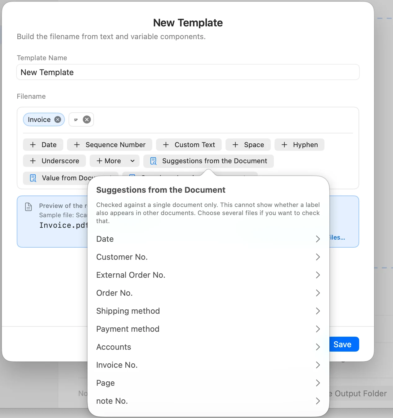 The New Template window with the open Suggestions from the Document list: Date, Customer No., External Order No., Invoice No., and other values found