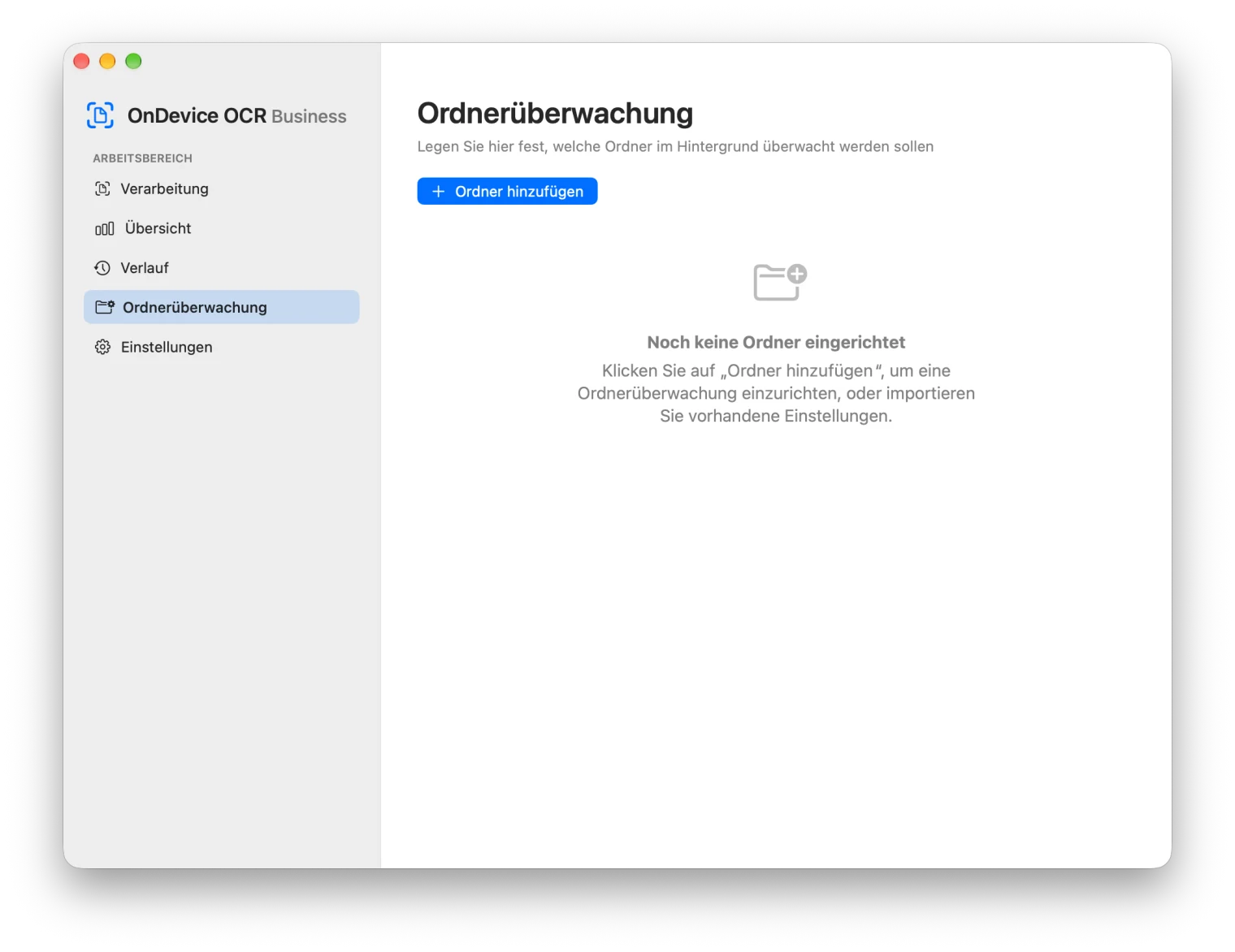 App mit der leeren Seite Ordnerüberwachung und dem Knopf Ordner hinzufügen