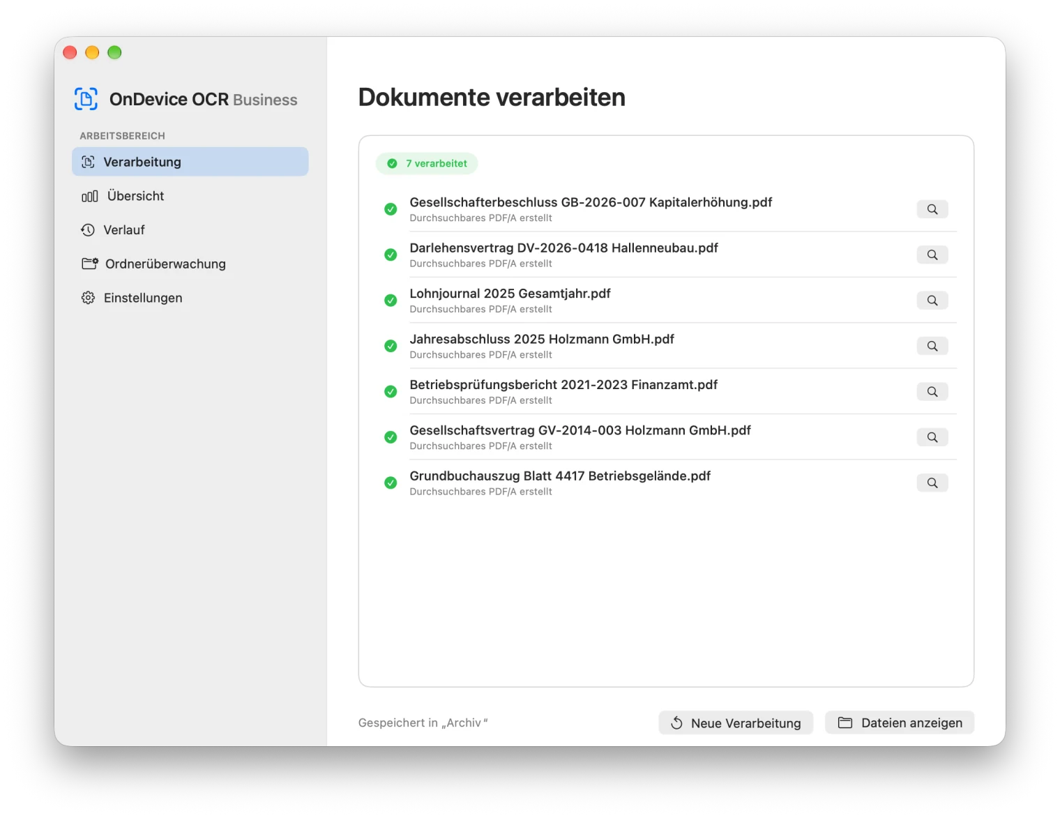 Verarbeitung abgeschlossen: sieben Dokumente mit dem Hinweis Durchsuchbares PDF/A erstellt