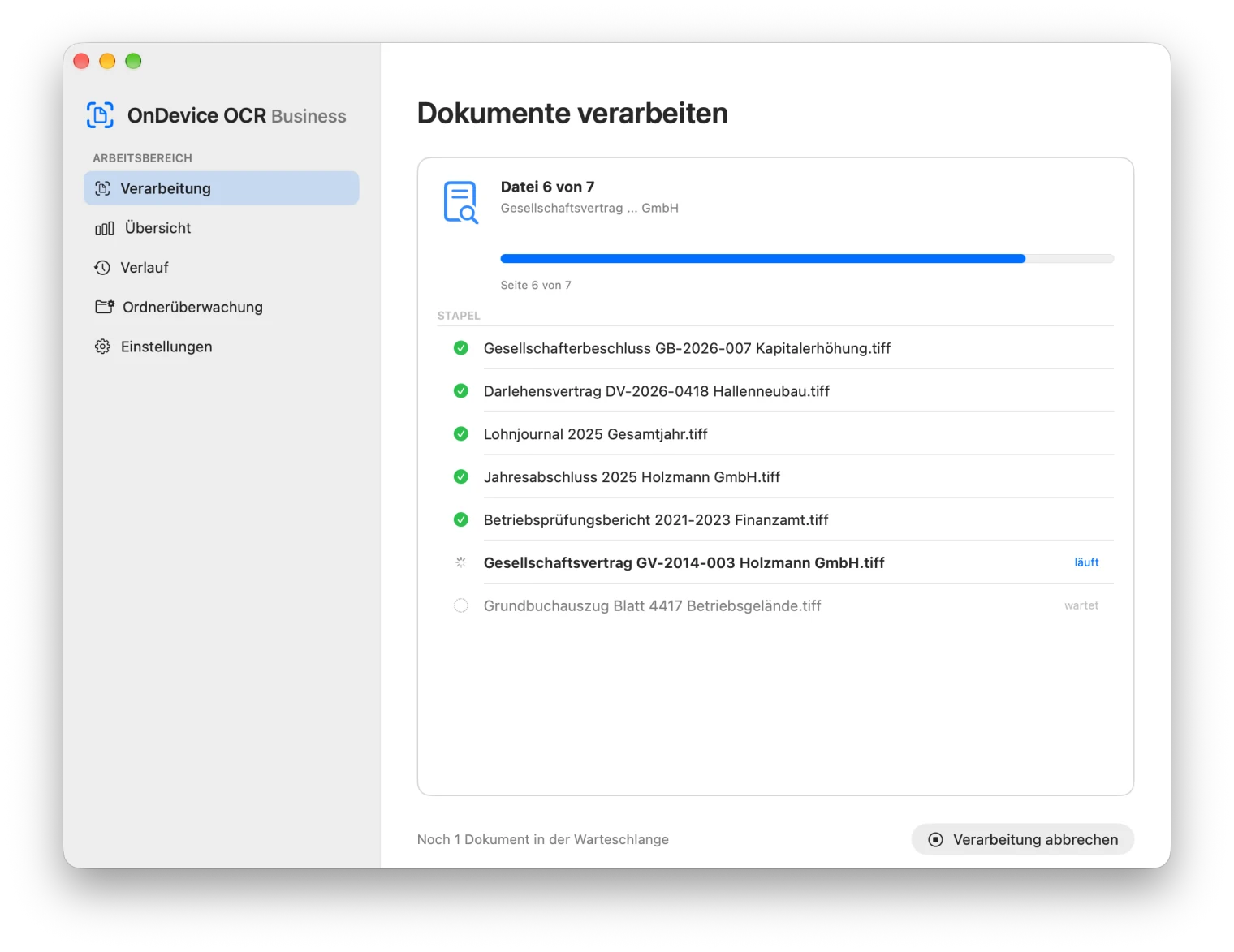 Verarbeitung läuft: Datei 6 von 7 mit Fortschrittsbalken, fünf Dokumente sind fertig, eines läuft, eines wartet