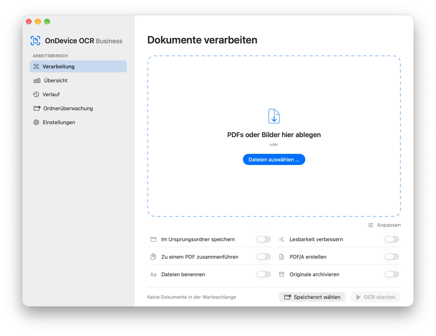 Seite Verarbeitung von OnDevice OCR Business mit dem Knopf Dateien auswählen