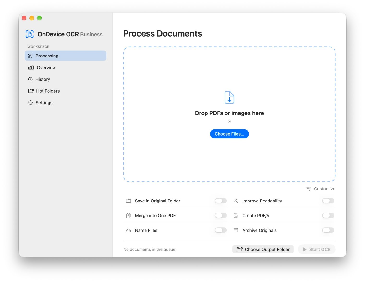 Página Procesamiento de OnDevice OCR Business con el botón Seleccionar archivos