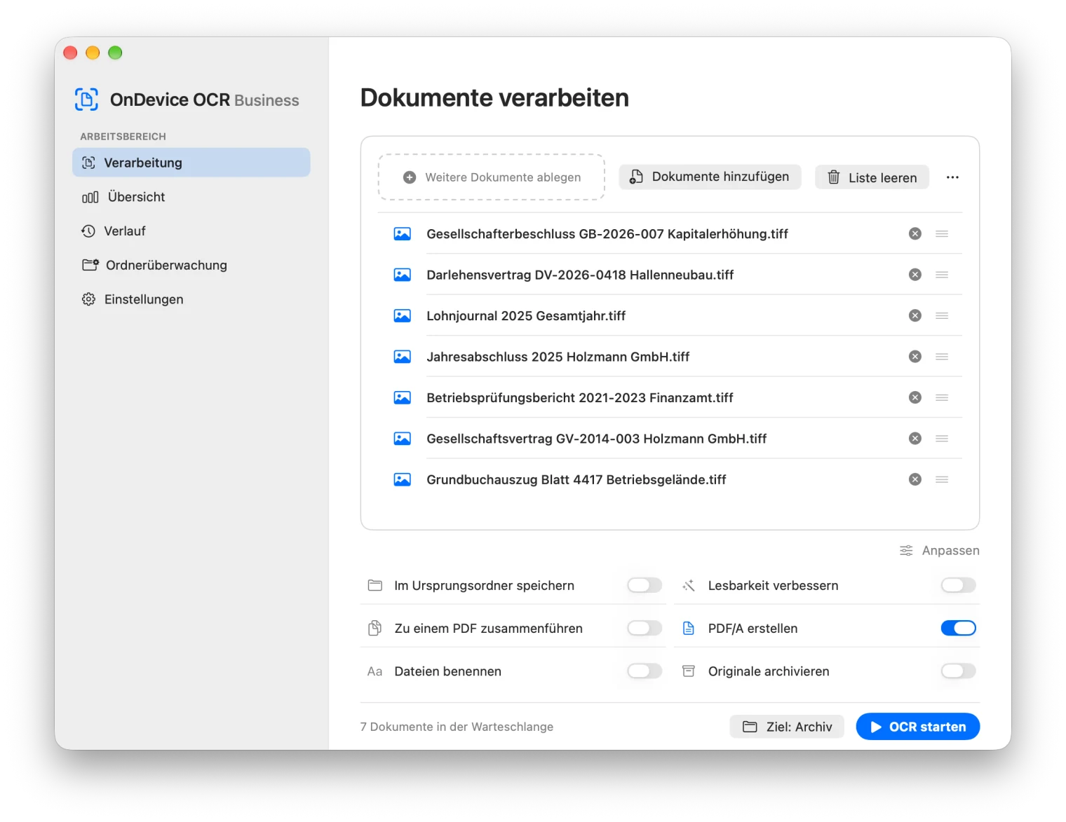 Verarbeitung mit sieben Dokumenten in der Warteschlange, eingeschaltetem PDF/A erstellen, dem Speicherort und dem Knopf OCR starten
