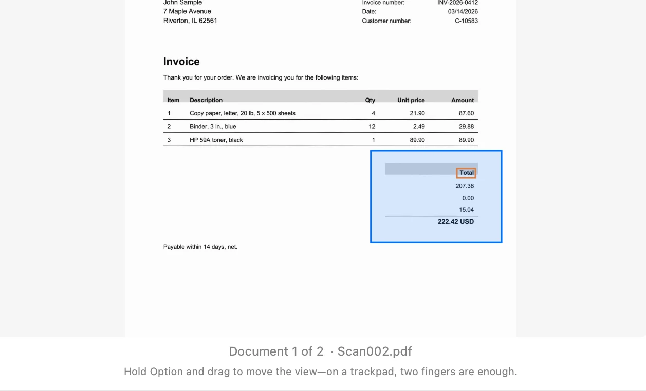 Area Selection with a rectangle drawn around the totals block of an invoice