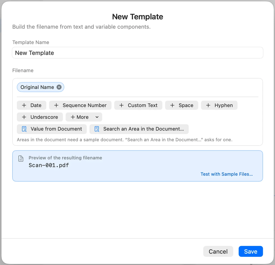 New Template window with the Test with Sample Files button and the Search an Area in the Document button